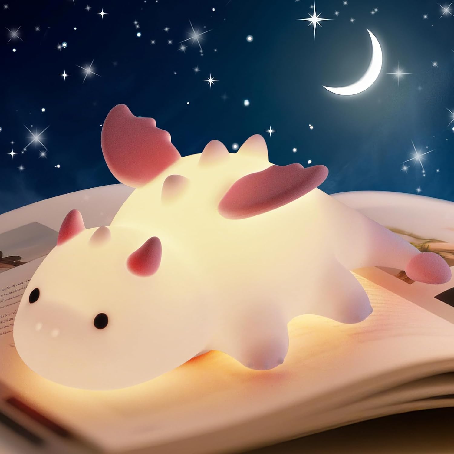 Mała lampka nocna w kształcie smoka, lampka nocna dla dzieci z miękkiego silikonu, regulowana z 10 trybami, ładowalna, dotykowa, różowa.