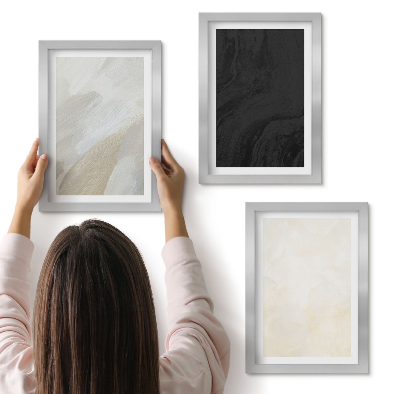 Galeria ścienna 3-częściowy komplet obrazów w srebrnych ramach - Struktury w różnych odcieniach minimalizm - ArtPrintCave
