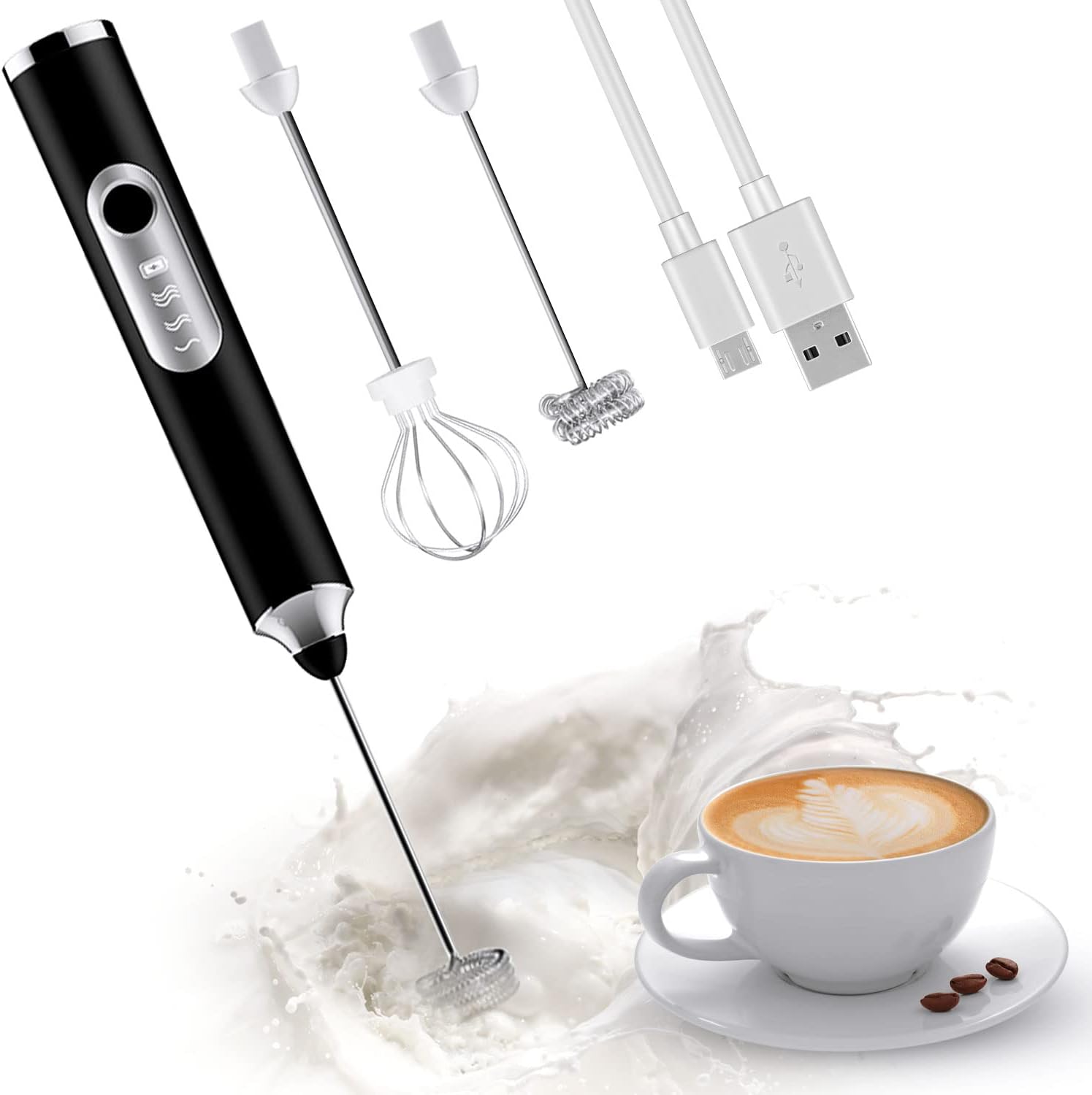 Elektryczny spieniacz do mleka z 2 głowicami, trzepaczka do miksowania piany z ładowaniem przez USB, 3 prędkości, mikser do piany do latte i cappuccin