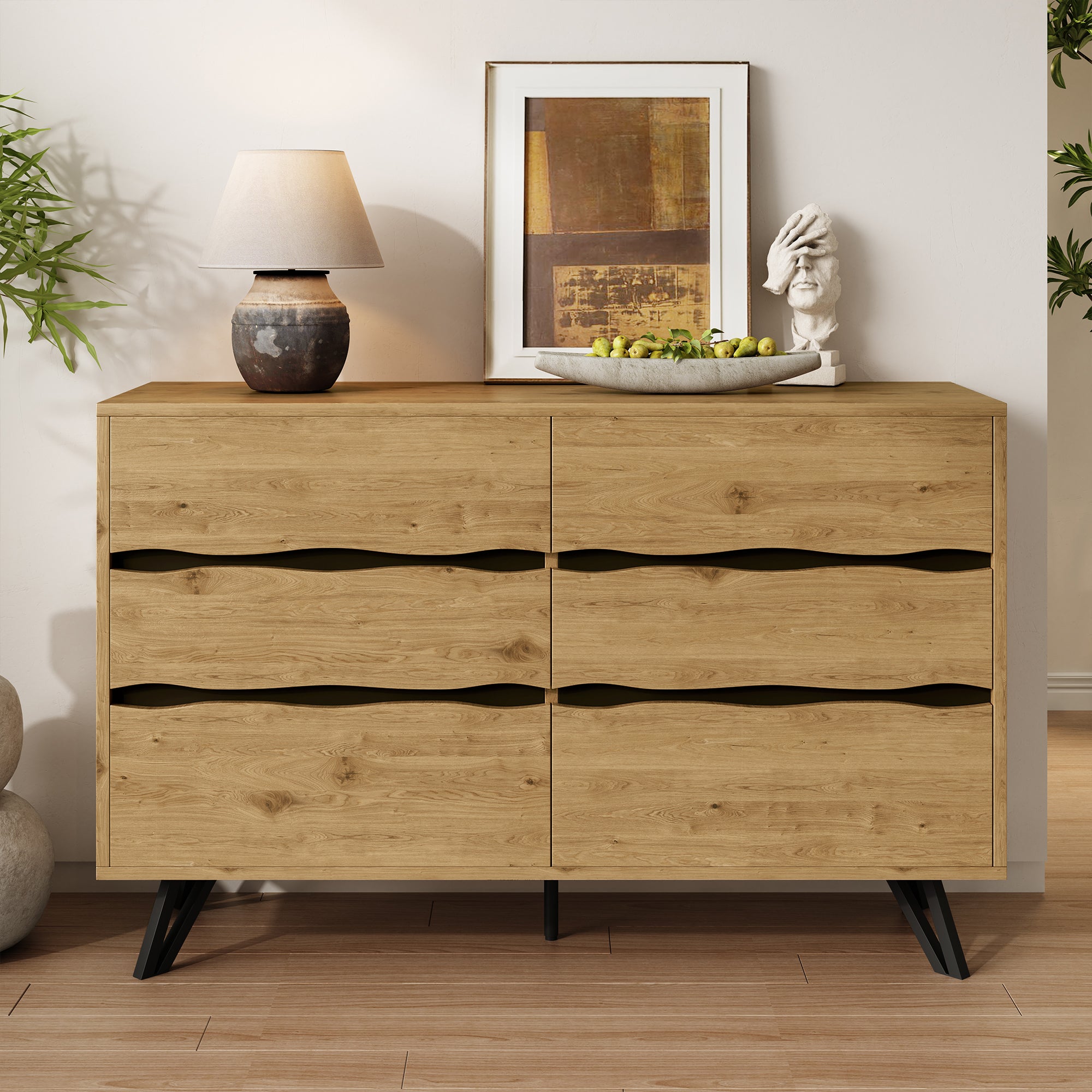 Nowoczesna komoda 120x40x75,5 cm - z 6 szufladami - imitacja drewna - nogi metalowe - naturalny