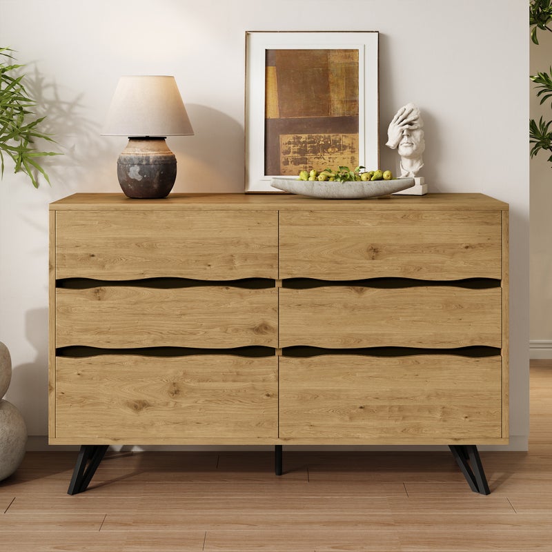 Nowoczesna komoda 120x40x75,5 cm - z 6 szufladami - imitacja drewna - nogi metalowe - naturalny