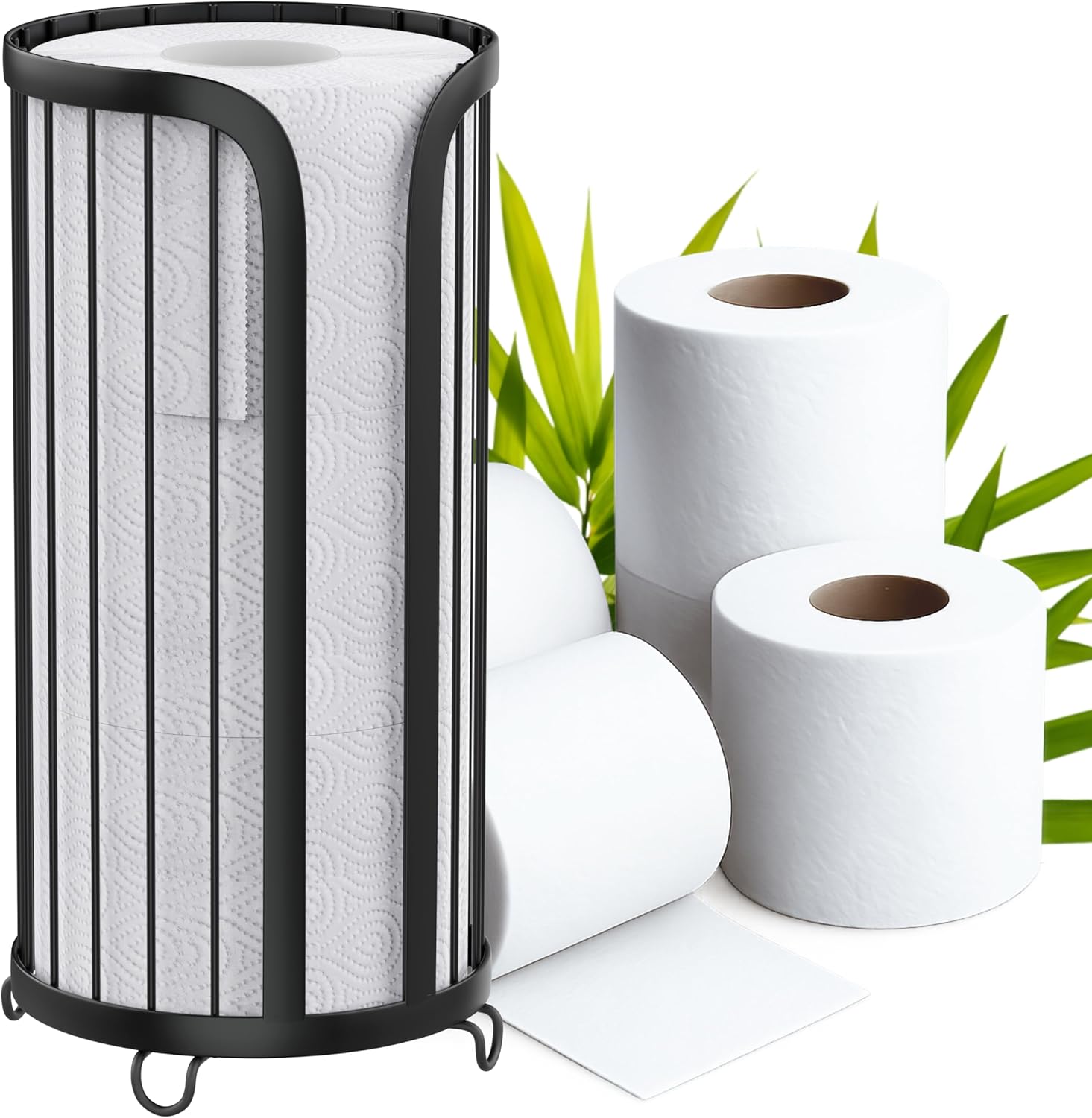 Wolnostojący uchwyt na papier toaletowy – matowy czarny metal – mieści do 3 rolek – kompaktowy rozmiar – organizer na papier toaletowy – pionowy sto
