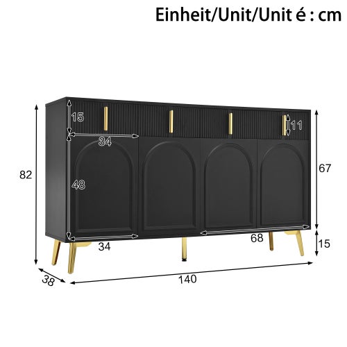 Buffet Sideboard 140 cm biały z 4 drzwiami i 4 szufladami, złote uchwyty, nowoczesna komoda do salonu i jadalni, laminowana