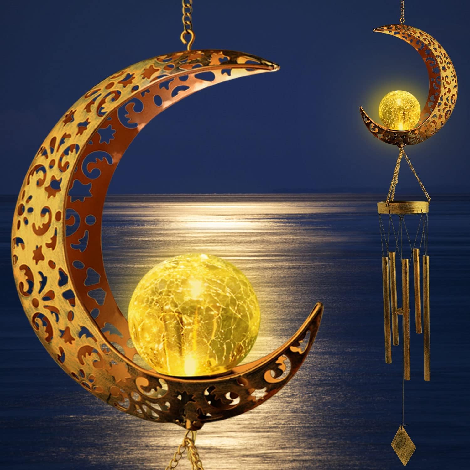 Dzwonek wiatrowy solarny w kształcie księżyca, 107 cm, rurki metalowe i aluminiowe z oświetleniem LED, do dekoracji ogrodu lub patio