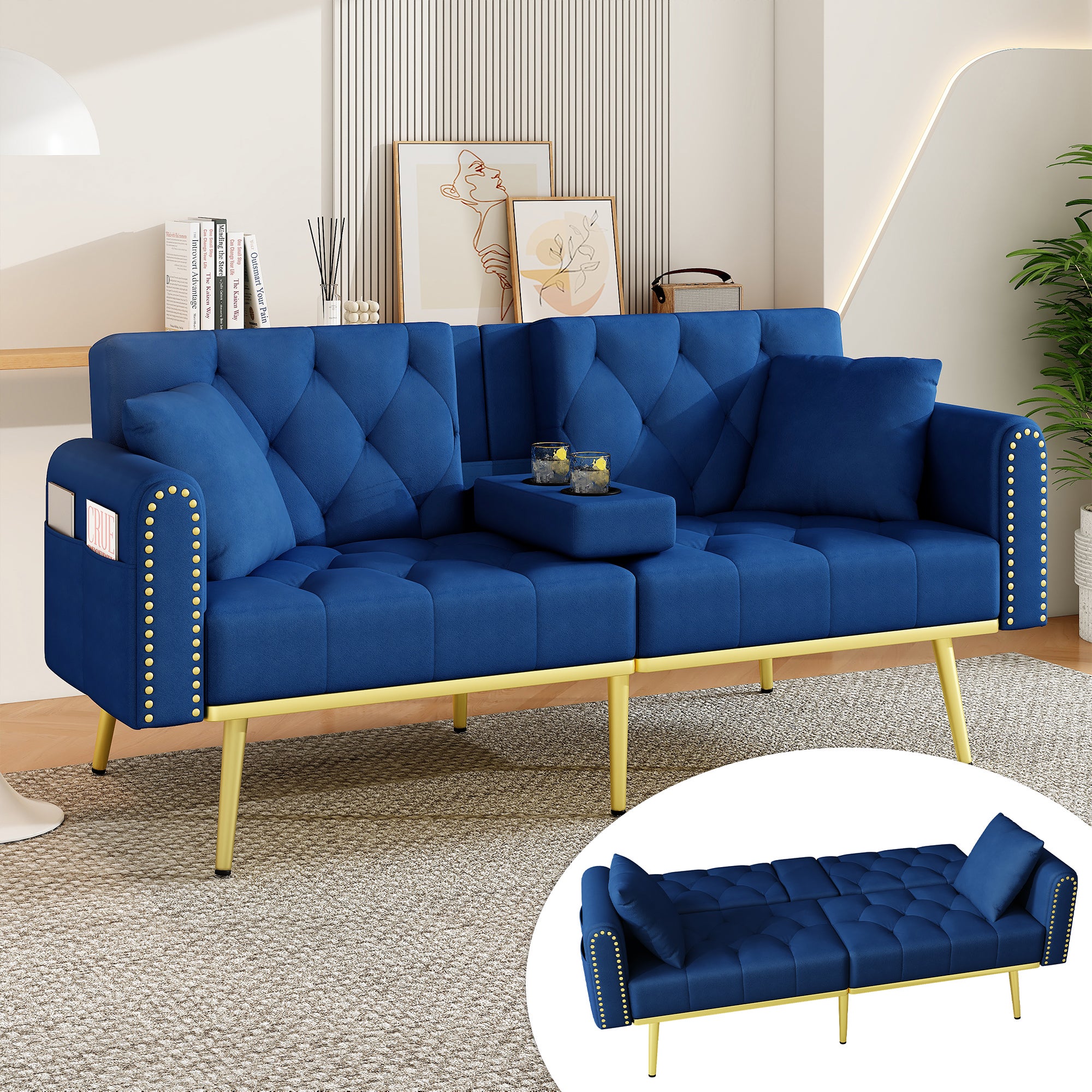 Sofa 3-osobowa z regulowanym oparciem, uchwytem na kubek i kieszenią boczną - 175 x 80 x 73,5 cm - Aksamit i metalowe nogi - Niebieski