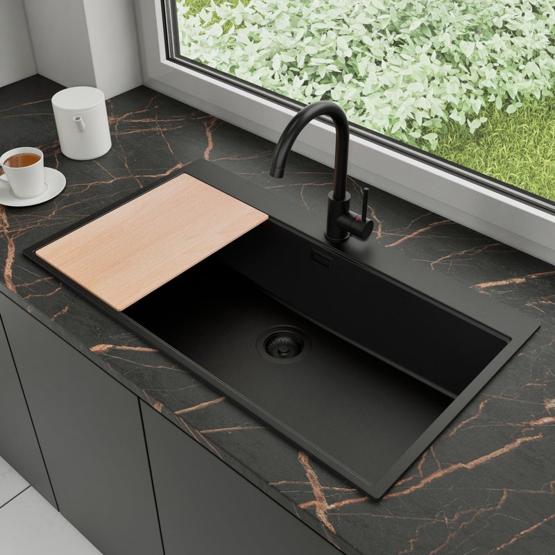 Zlewozmywak Granitowy 88x50cm, do szafki od 90cm + Bateria + Syfon + Deska - Rubin Cały Czarny STONESTYLE