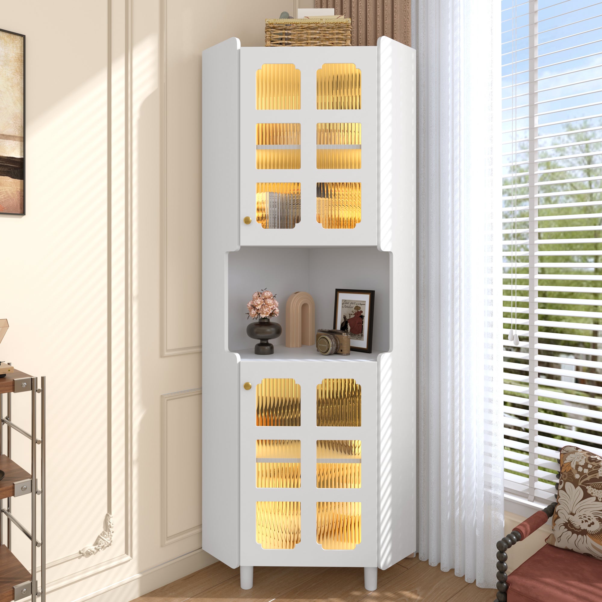 Narożna szafka łazienkowa z 4 szklanymi drzwiami i 1 otwartą przegrodą – 63,5 x 45 x 157,5 cm – MDF – LED – biały lakier