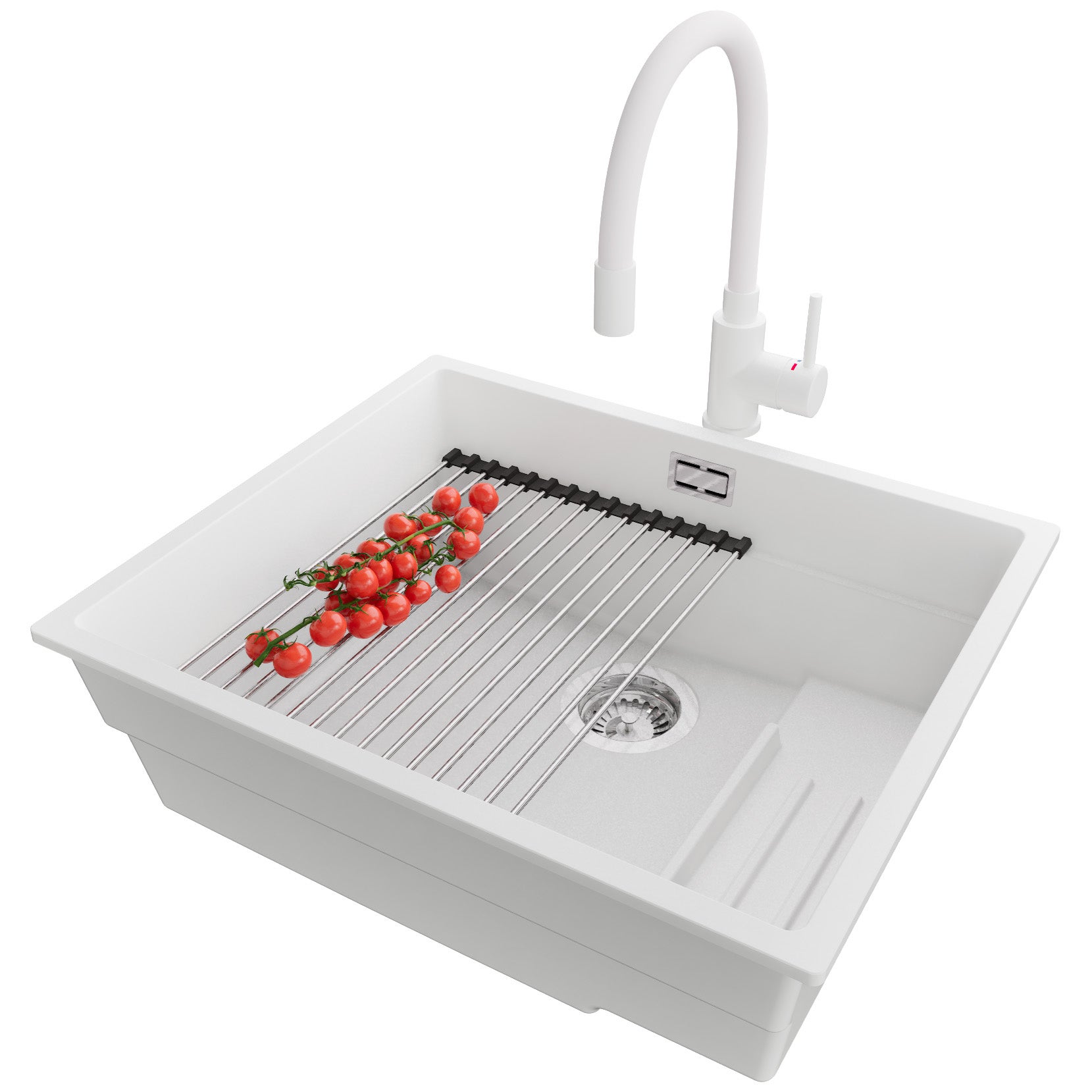 Zlewozmywak podblatowy Biały 56x47cm, Zlew Kuchenny 1 Komorowy + Bateria 38x14cm + Syfon + Zwijany ociekacz, do szafki od 60cm - Praga PRIMAGRAN