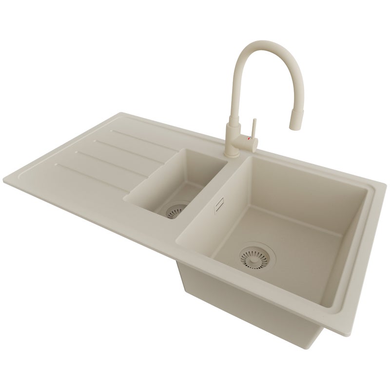 Zlewozmywak Granitowy Beżowy 90x50cm, Zlew Kuchenny 1,5 Komorowy + Bateria 38x14cm + Syfon, Nablatowy do szafki od 60cm - Kopenhaga Duo PRIMAGRAN