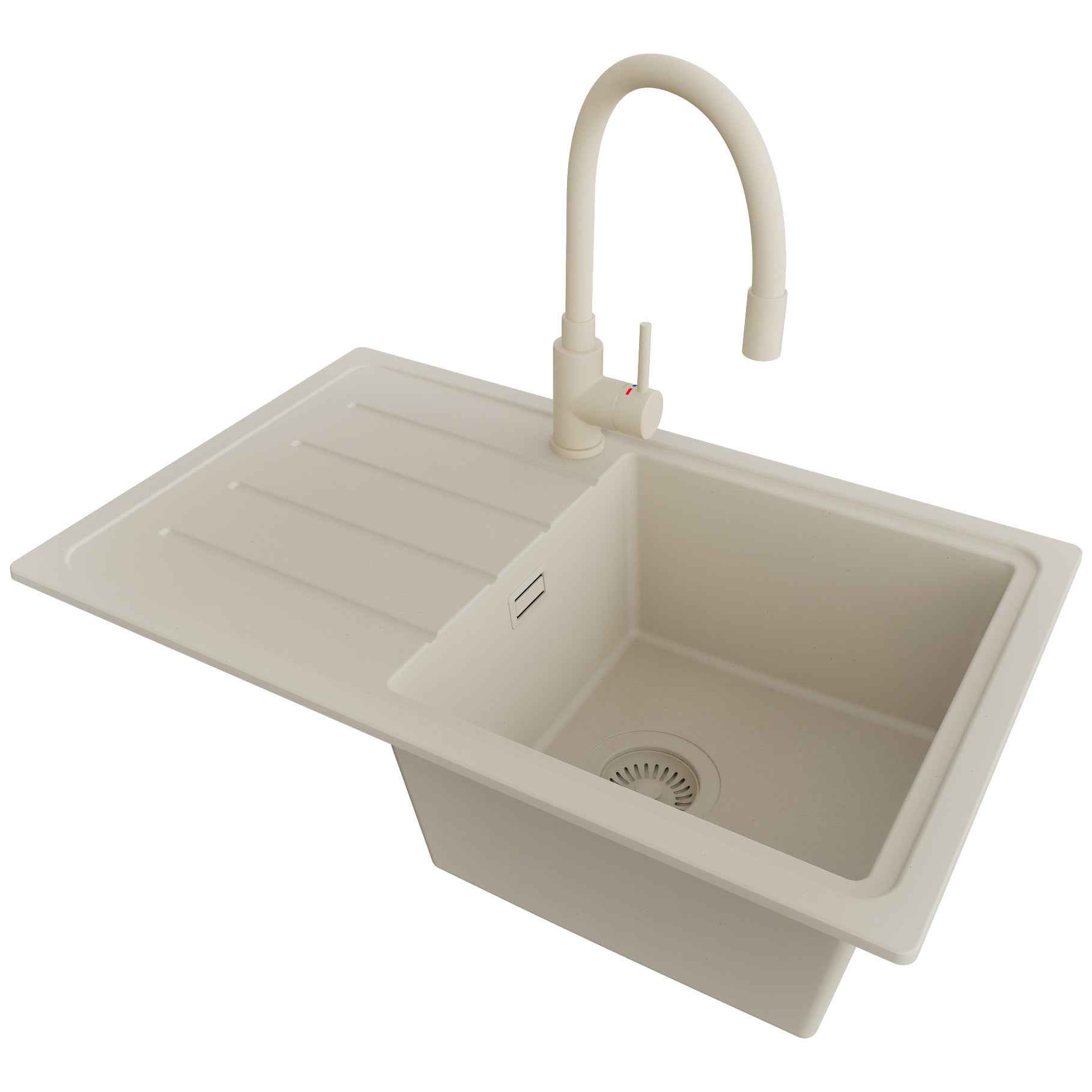 Zlewozmywak Granitowy Beżowy 70x44cm, Zlew Kuchenny 1 Komorowy + Bateria 38x14cm + Syfon, Nablatowy do szafki od 45cm - Kopenhaga Easy PRIMAGRAN