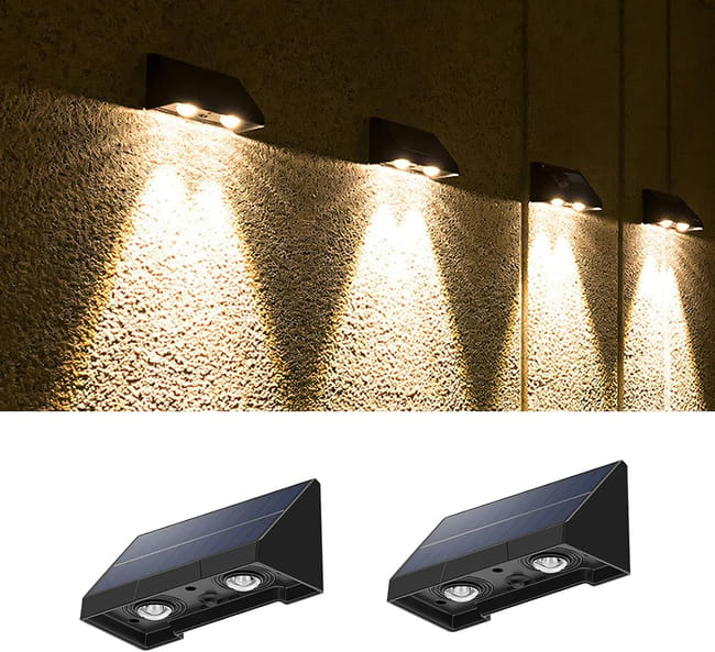 Zestaw 2 zewnętrznych lamp solarnych ściennych, wodoodpornych IP65, z dwiema diodami LED o strumieniu światła 40 lumenów, automatycznym włączaniem/wy