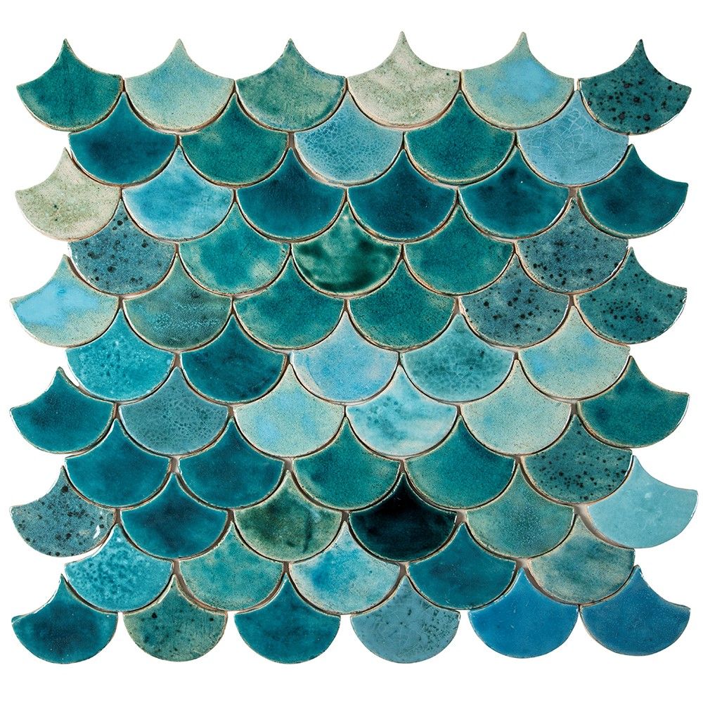 Płytki w kształcie rybiej łuski w kolorze morskim, niebieskim i turkusowym – "Brezza Mediterranea" – 0,3 m²/opak., 49 płytek 10,2×9 cm