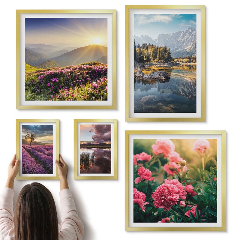 Galeria ścienna 5-częściowy komplet obrazów w złotych ramach - Krajobrazy natury z kwiatami i górskimi widokami - ArtPrintCave