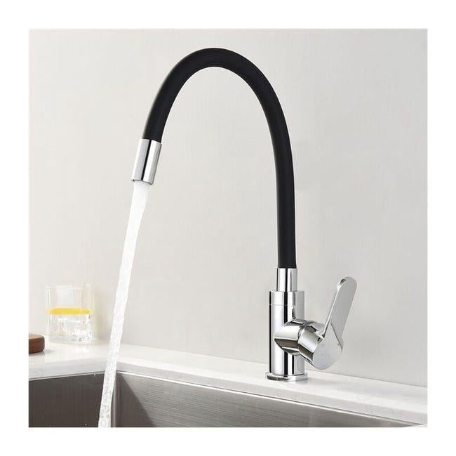 Robinet Cuisine Mémoire de Forme Mitigeur d'évier Courbe en Silicone Noir Robinetterie Chromé Mitigeur Cuisine Flexion Arbitraire Obrotowy 360°