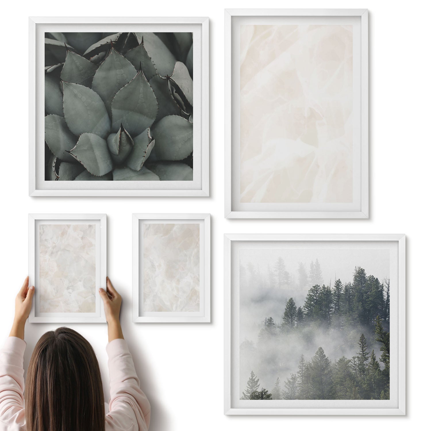 Galeria ścienna 5-częściowy komplet obrazów w białych ramach - Kamienne pastelowe struktury białego marmuru - ArtPrintCave