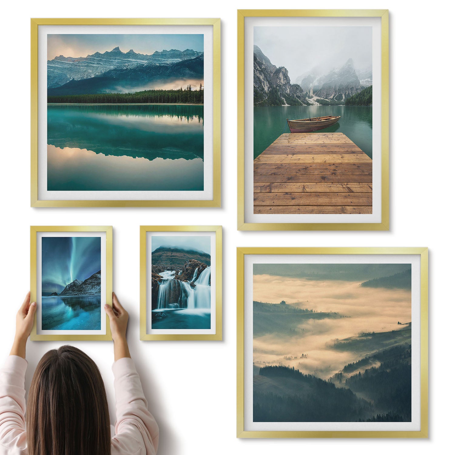 Galeria ścienna 5-częściowy komplet obrazów w złotych ramach - Naturalne krajobrazy z wodospadami i górami w tle - ArtPrintCave