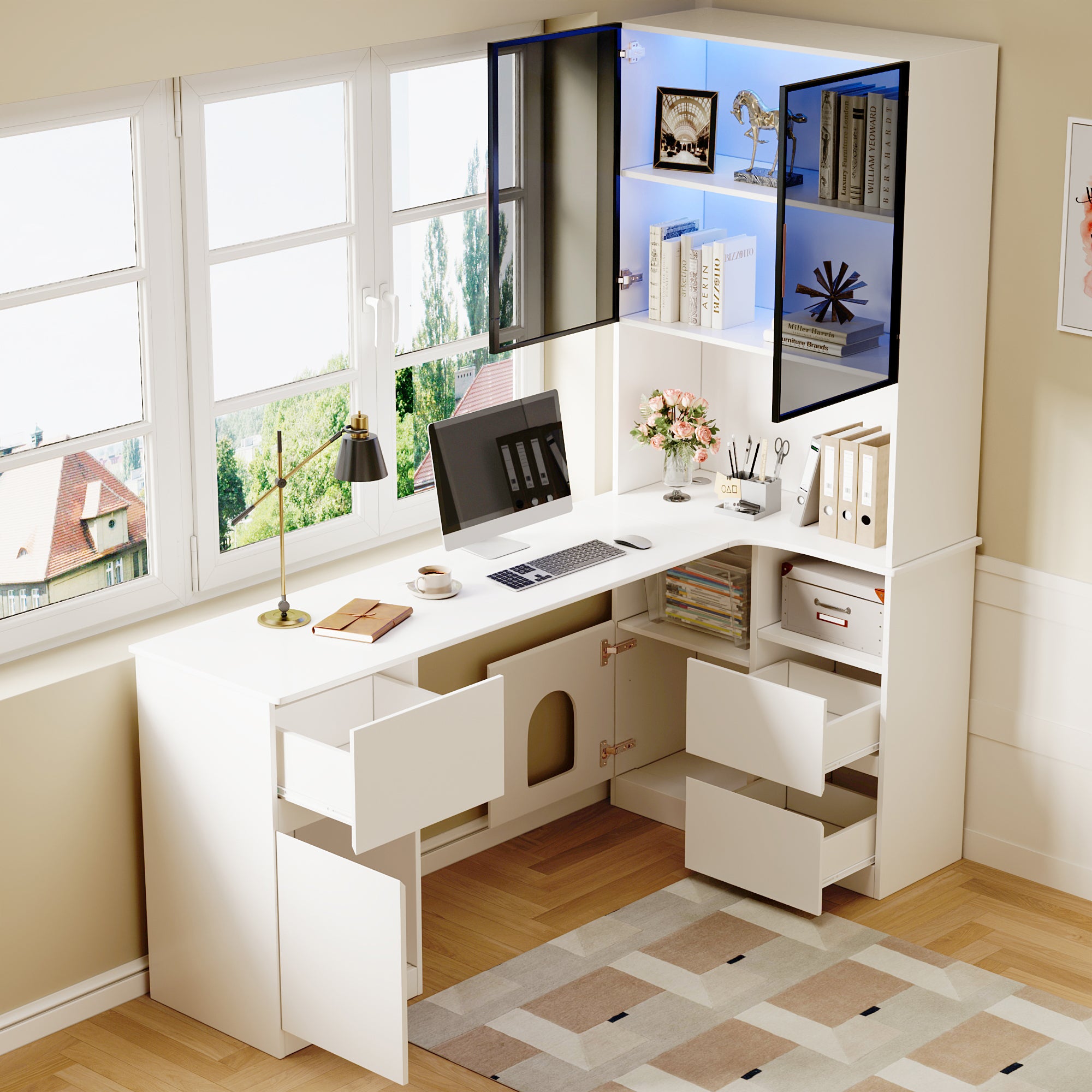 Biurko narożne 120×80×180 cm - Z półkami i witryną LED - 3 szuflady, 2 drzwi i otwarte półki - MDF - Białe