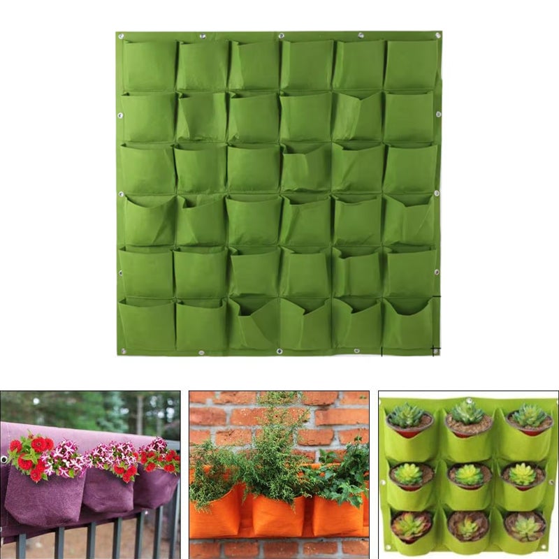 Déco Végétale Murale 36 Poches – Elegancki Filc Zielony/Szary – Do Salonu, Kuchni, Balkonu