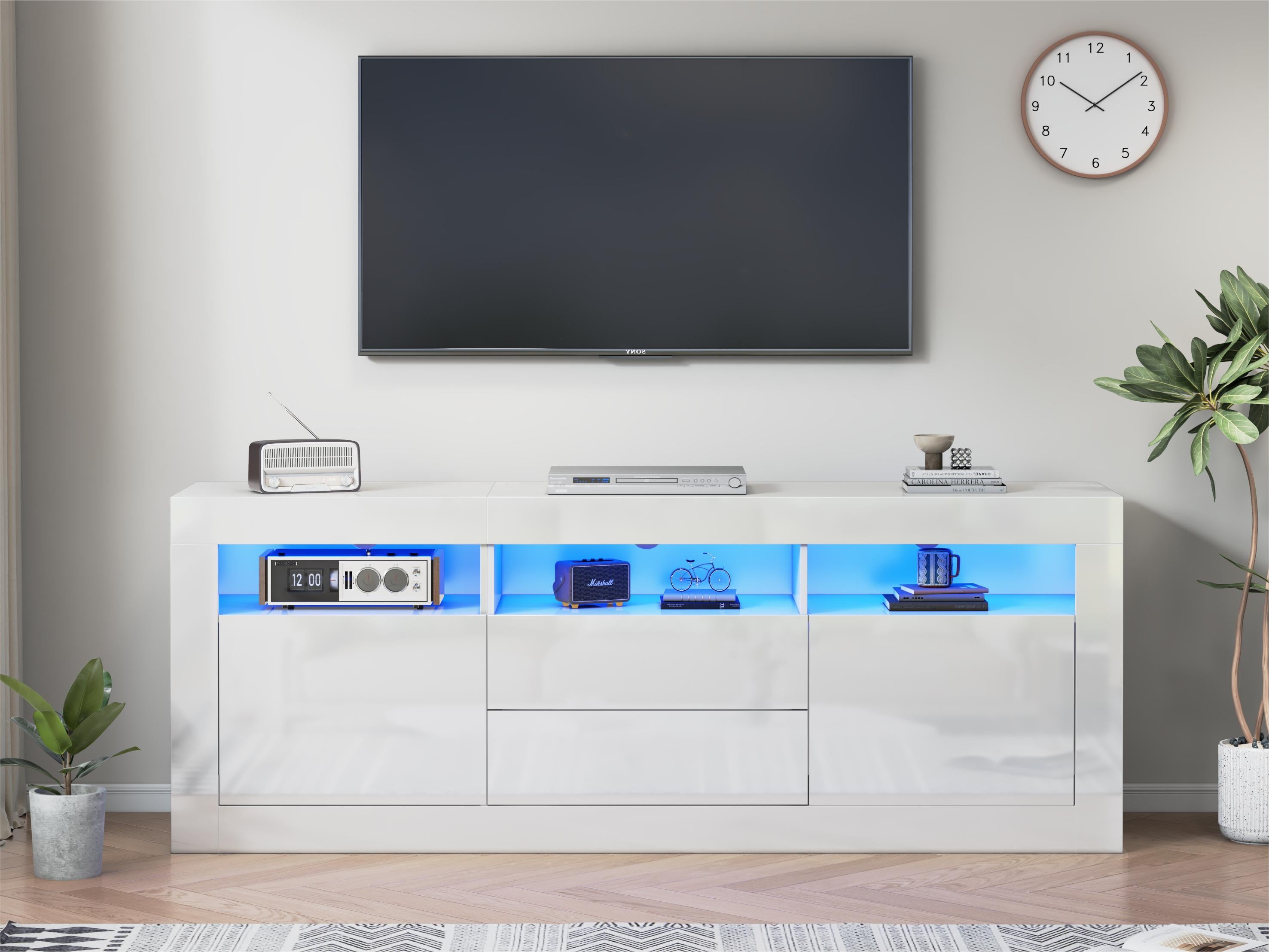 Szafka RTV 160 cm, odpowiednia do telewizorów 70" - z oświetleniem LED - 2 drzwi, 2 szuflady, 3 otwarte przegrody - biała