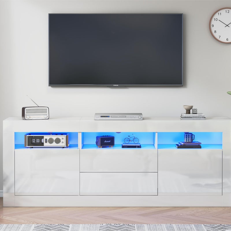 Szafka RTV 160 cm, odpowiednia do telewizorów 70" - z oświetleniem LED - 2 drzwi, 2 szuflady, 3 otwarte przegrody - biała