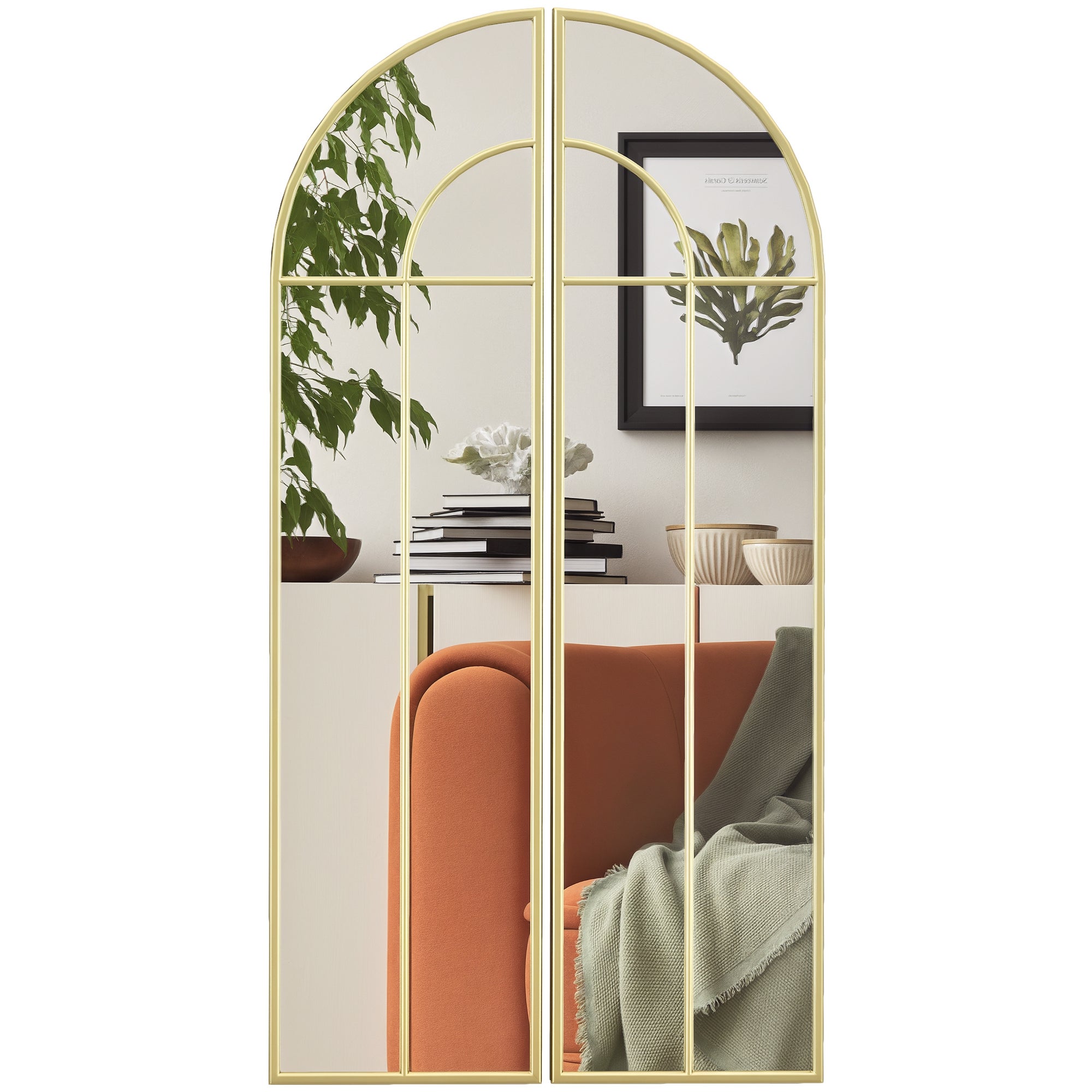 Lustro ścienne łukowe 30 x 120 cm, duże lustro dekoracyjne w metalowej ramie, do salonu, sypialni, przedpokoju, w odcieniu złota