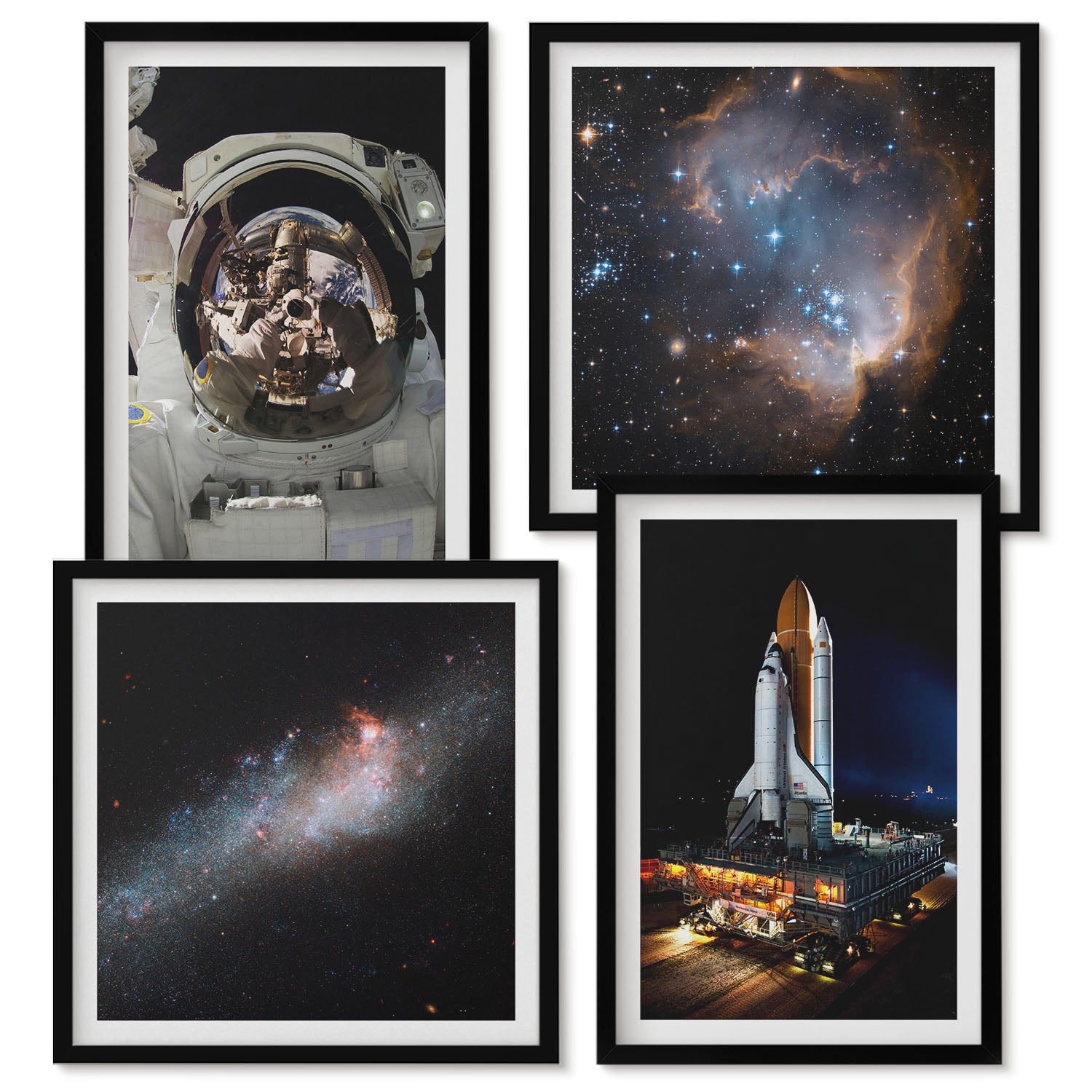Zestaw obrazów w ramie - 4 części | Lądowanie astronautów na Księżycu zdjęcia | Czarna ramka