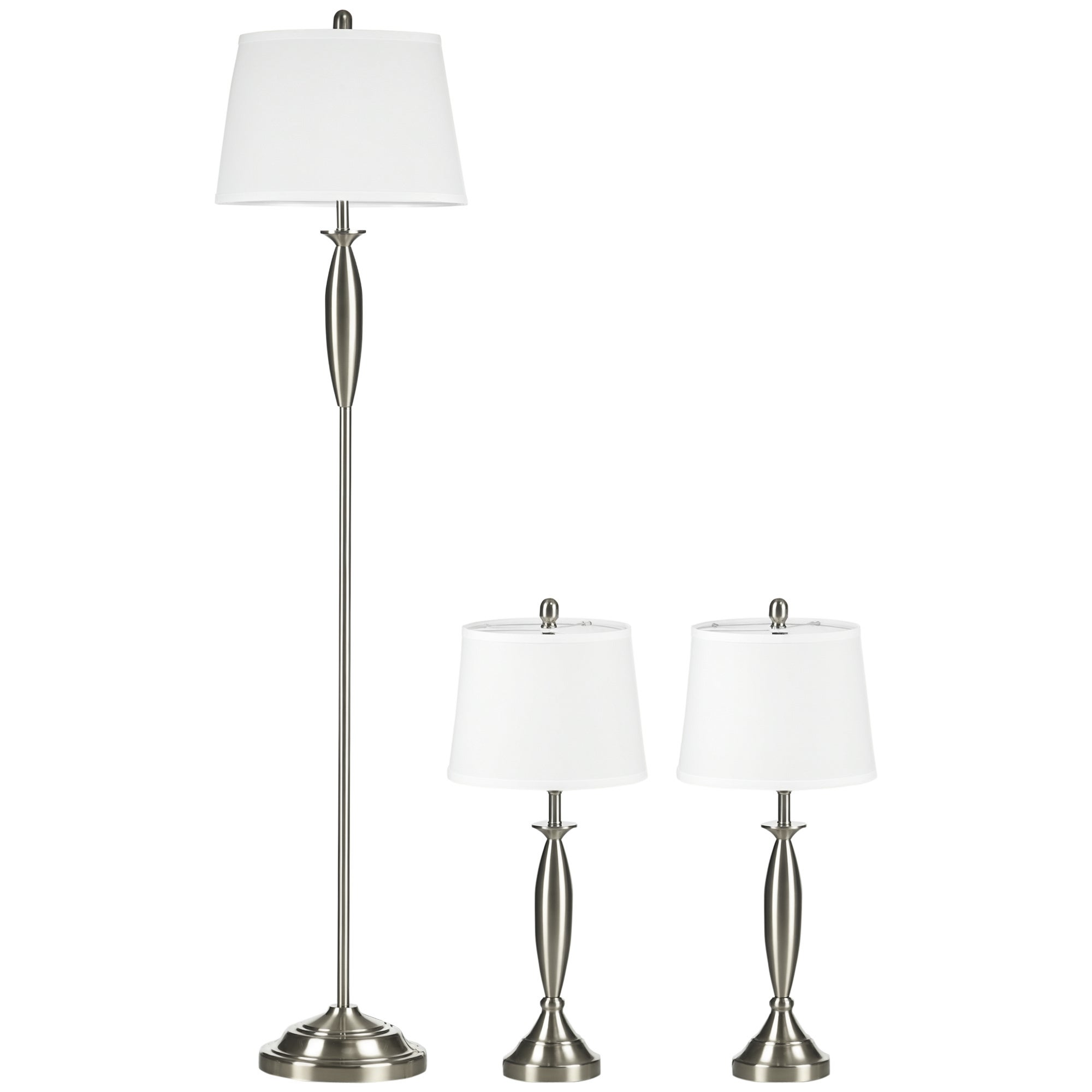 Zestaw oświetleniowy składający się z 3 elementów. 1 lampa podłogowa, 2 lampy stołowe, imitacja lnu; 38 cm x 38 cm x 158 cm, kolor srebrny i biały