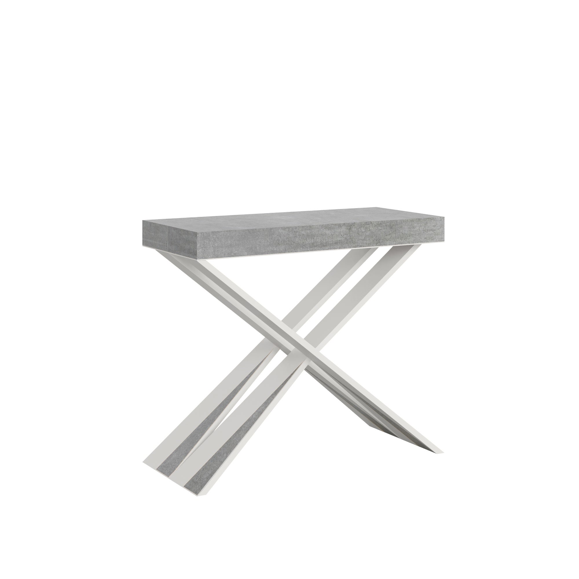 Mesa consola Diago de cemento con estructura blanca, extensible hasta 3 metros.