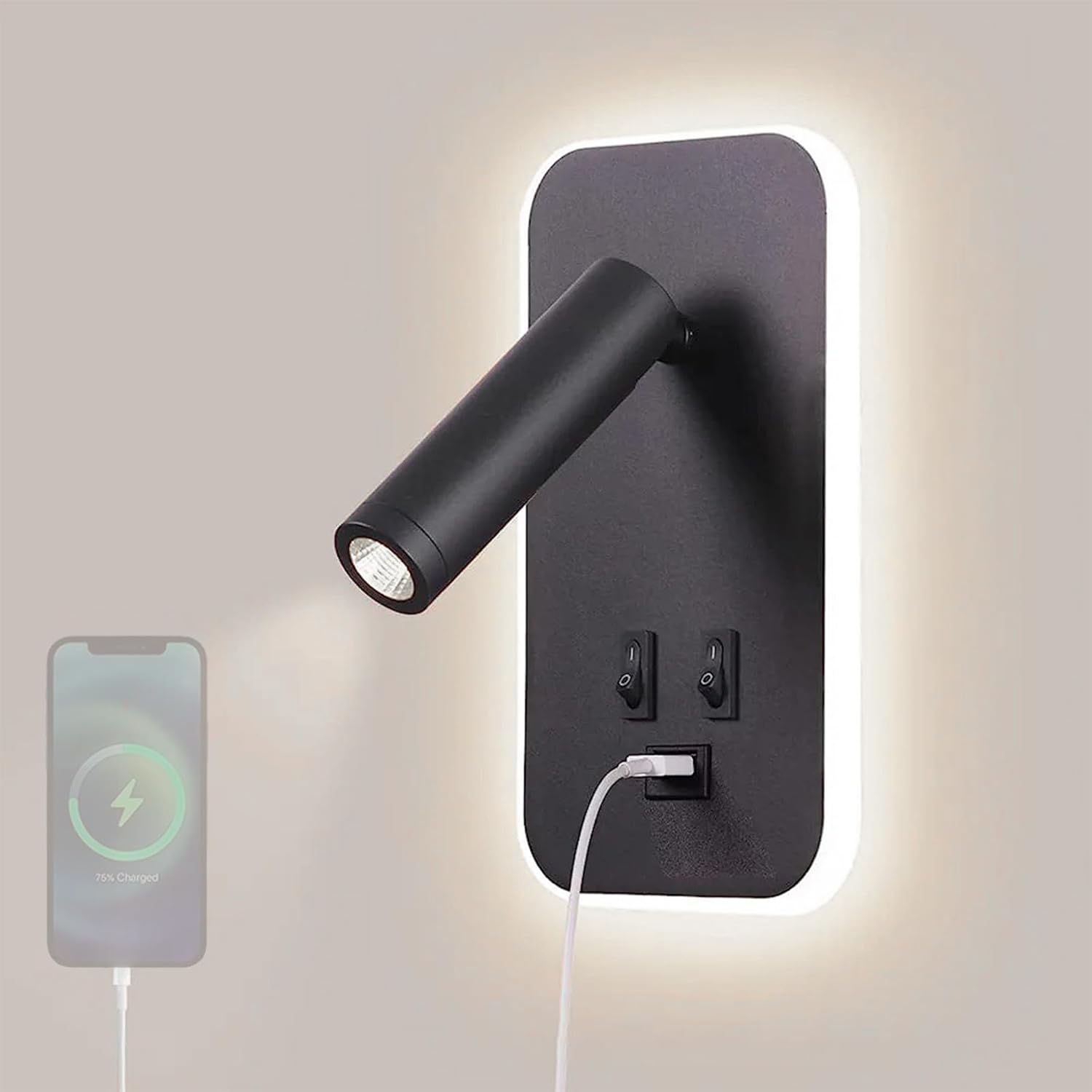 Kinkiet LED z portem ładowania USB, nowoczesny kinkiet z włącznikiem, obrotowy 330° lampka nocna do czytania, oświetlenie ścienne do salonu, sypialni,