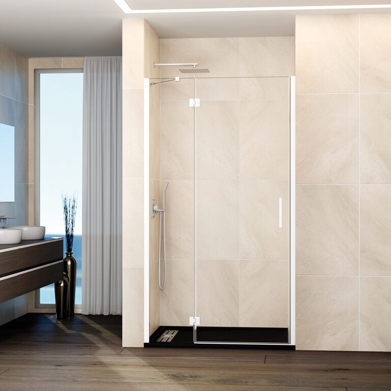 Kabina frontowa GLASS panel stały + drzwi uchylne 75 cm (69,5-75; stały 20+drzwi 50) biały szkło przezroczyste