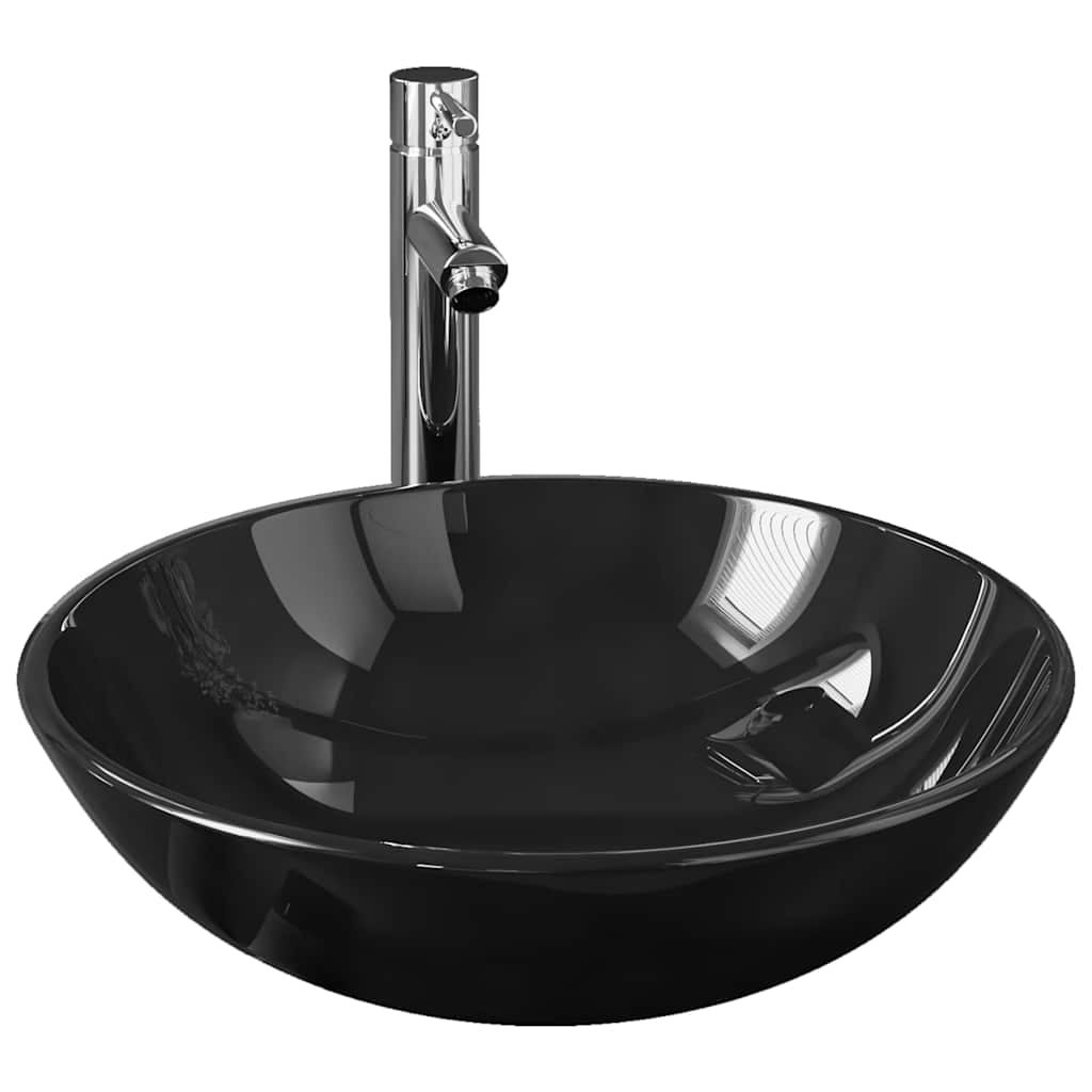 Umywalka Nablatowa ze Szkła Hartowanego Okrągła Czarno-Srebrna 42 cm