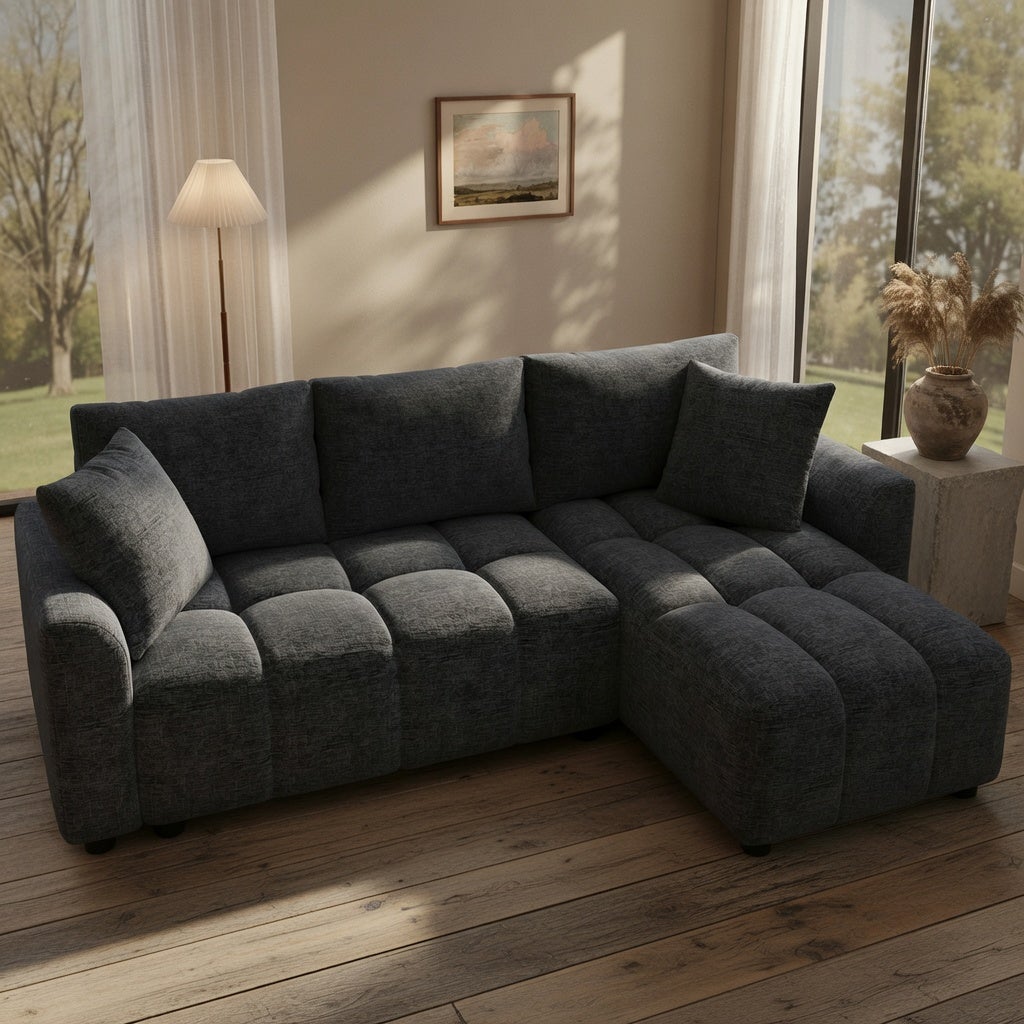 Trzyosobowa sofa, modułowa sofa narożna w kształcie litery L, tkanina szenilowa, z 2 poduszkami dekoracyjnymi, szara