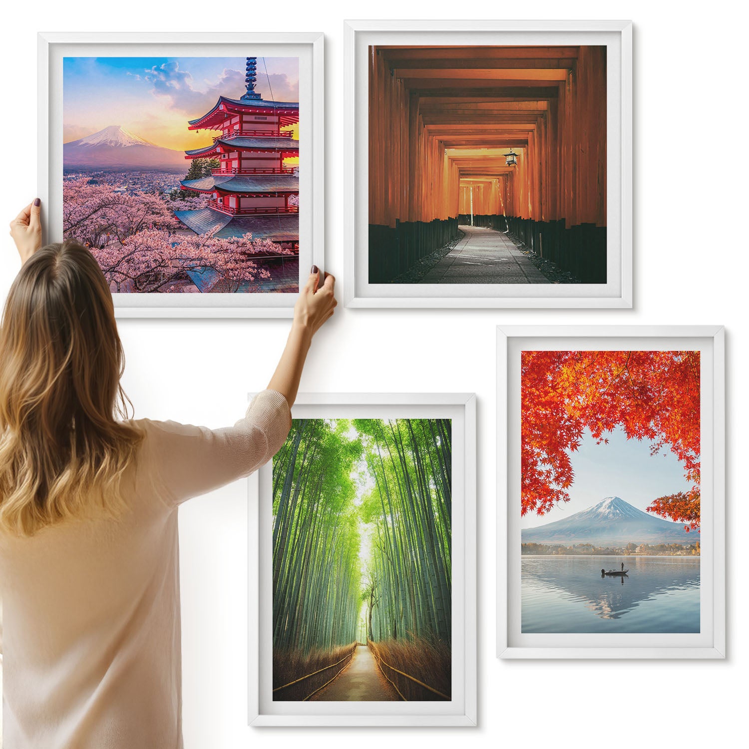 Galeria ścienna 4-częściowy komplet obrazów w białych ramach - Las bambusowy góra Fuji ścieżka torii architektura Japonii - ArtPrintCave