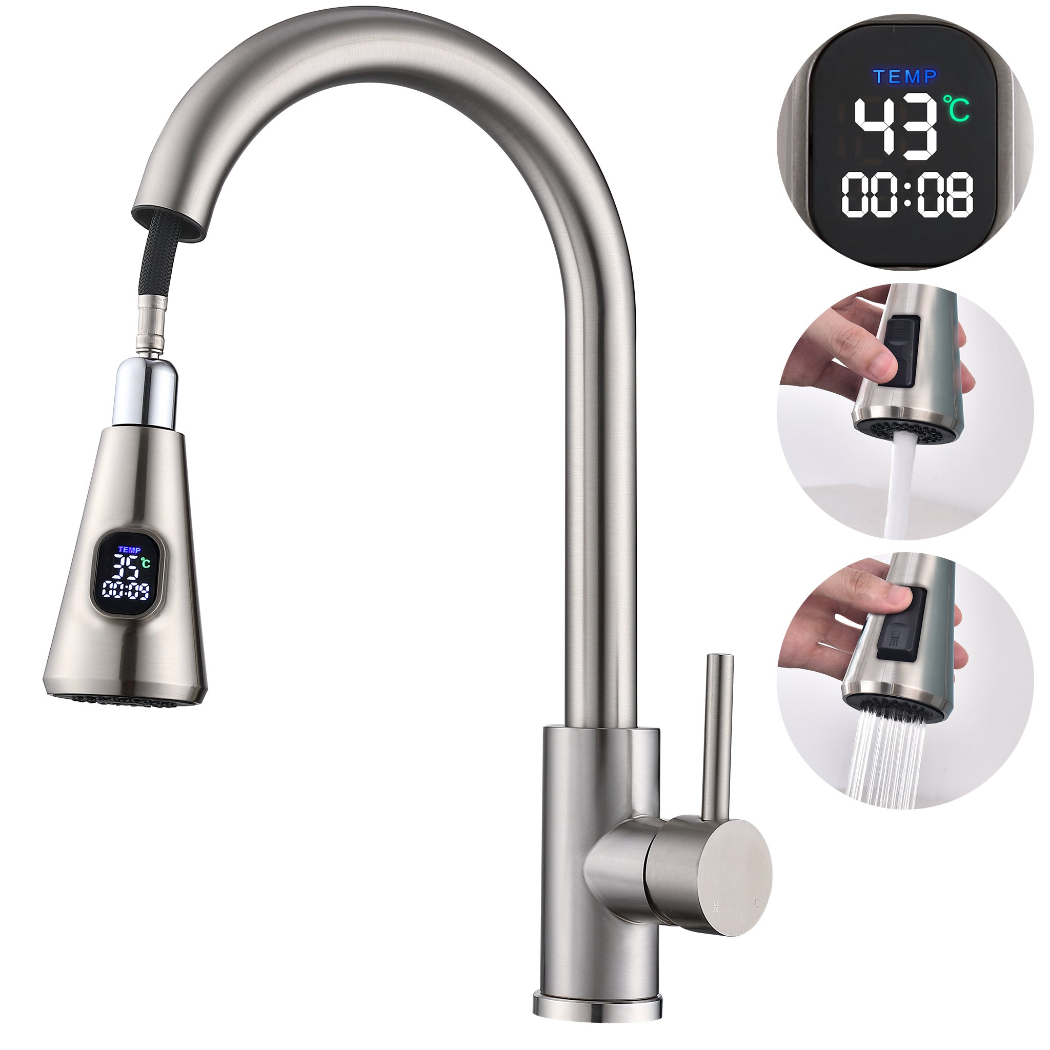 Torneira de Cozinha com Display LED Temperatura Ducha Extraível 2 Funções Misturador Lava Louça Rotação 360° Aço Inoxidável Sistema Cozinha