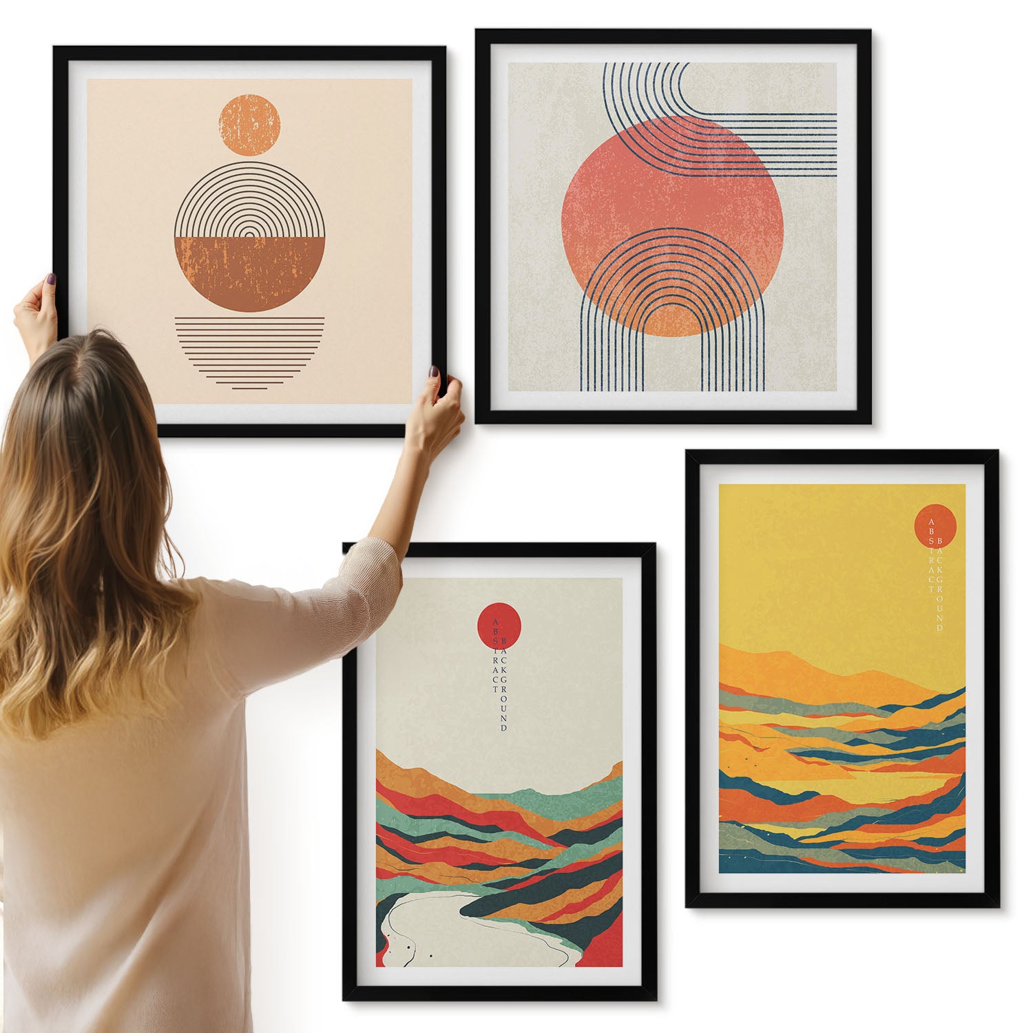 Galeria ścienna 4-częściowy komplet obrazów w czarnych ramach - Kolorowe wzory gór i rzek styl japandi - ArtPrintCave