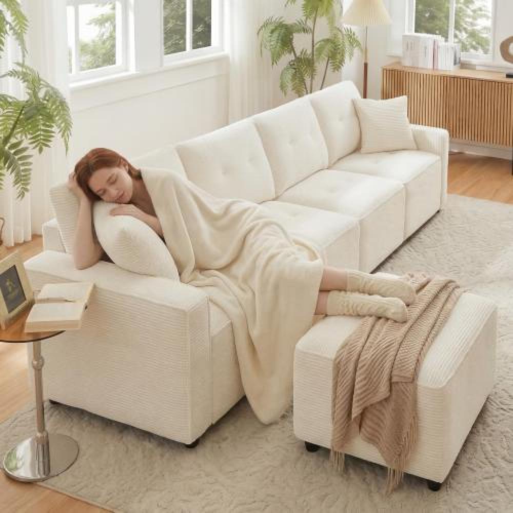 Sofa z kordu 4-osobowa z miejscem do przechowywania pod siedziskiem i modułowym pufem, 280x146x85 cm