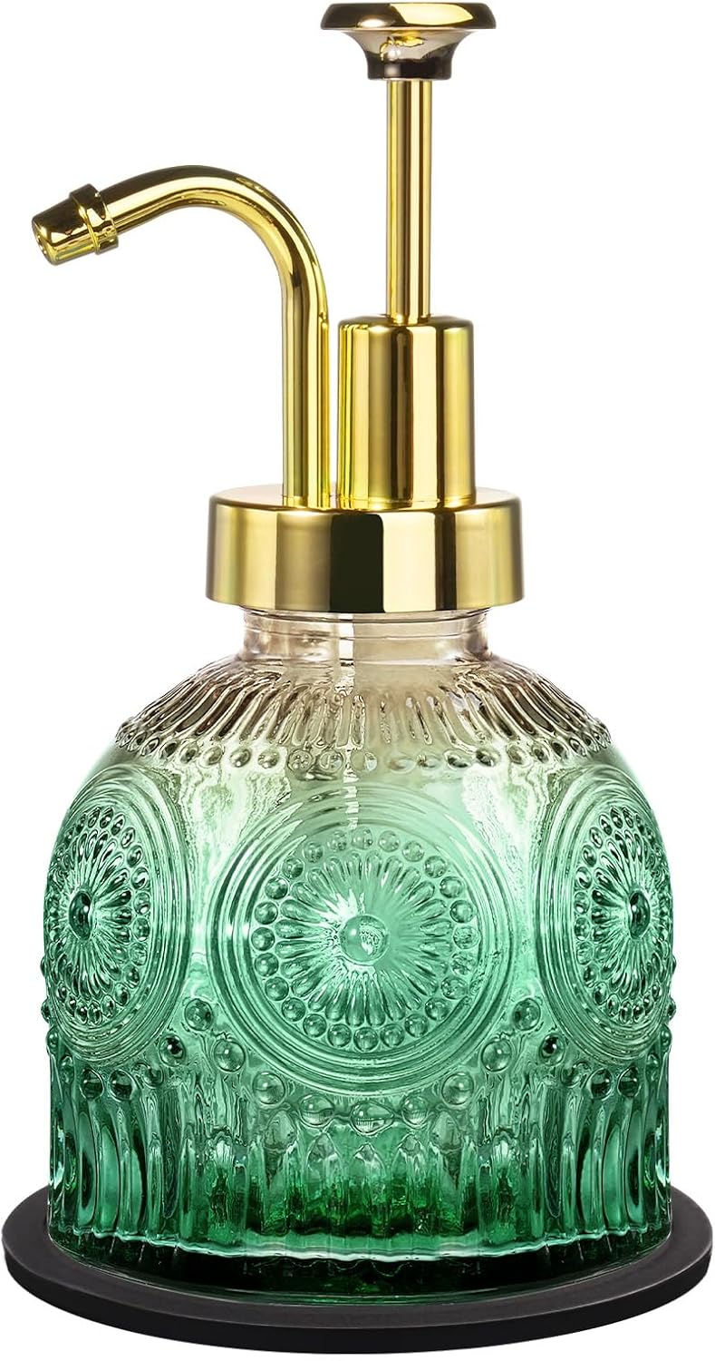 Dozownik do mydła w stylu retro szklany do łazienki, złota pompka, 350 ml