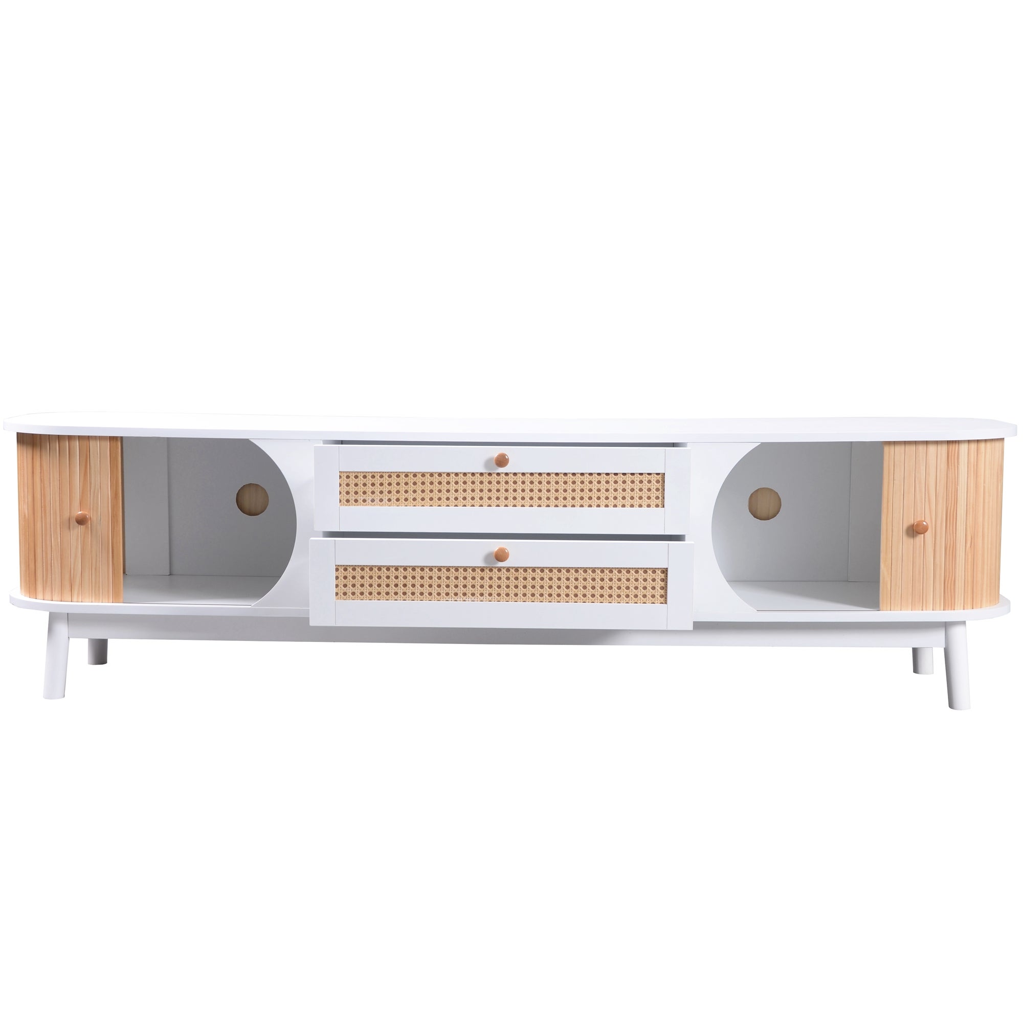 Rustykalna szafka pod telewizor z naturalnego drewna i rattanu, z drzwiami i szufladami, szer. 140 cm, eleganckie miejsce do przechowywania