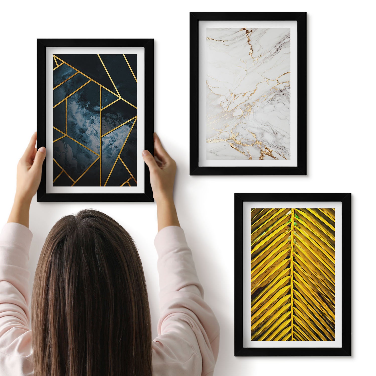Galeria ścienna 3-częściowy komplet obrazów w czarnych ramach - Nowoczesne wzory geometryczne i naturalne motywy roślinne - ArtPrintCave