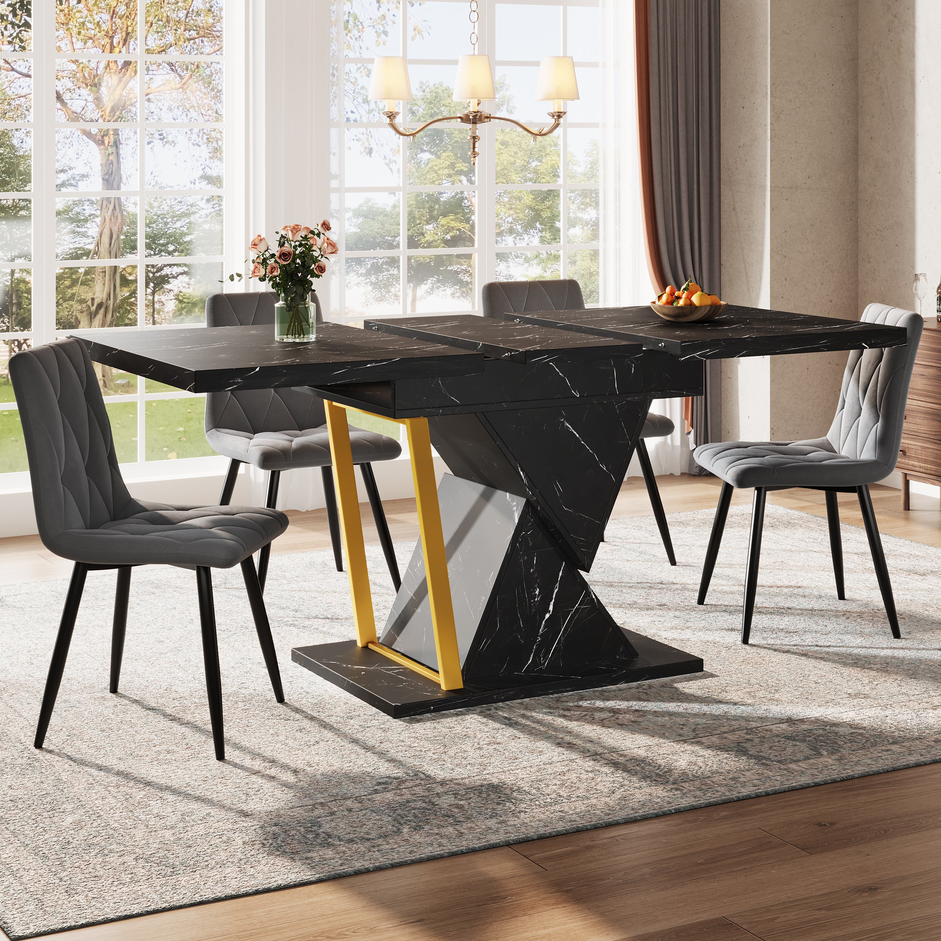 Rozkładany stół jadalny dla 4-6 osób - 110/140 x 80 x 75 cm - MDF - do kuchni i jadalni - Wygląd marmuru - Czarny