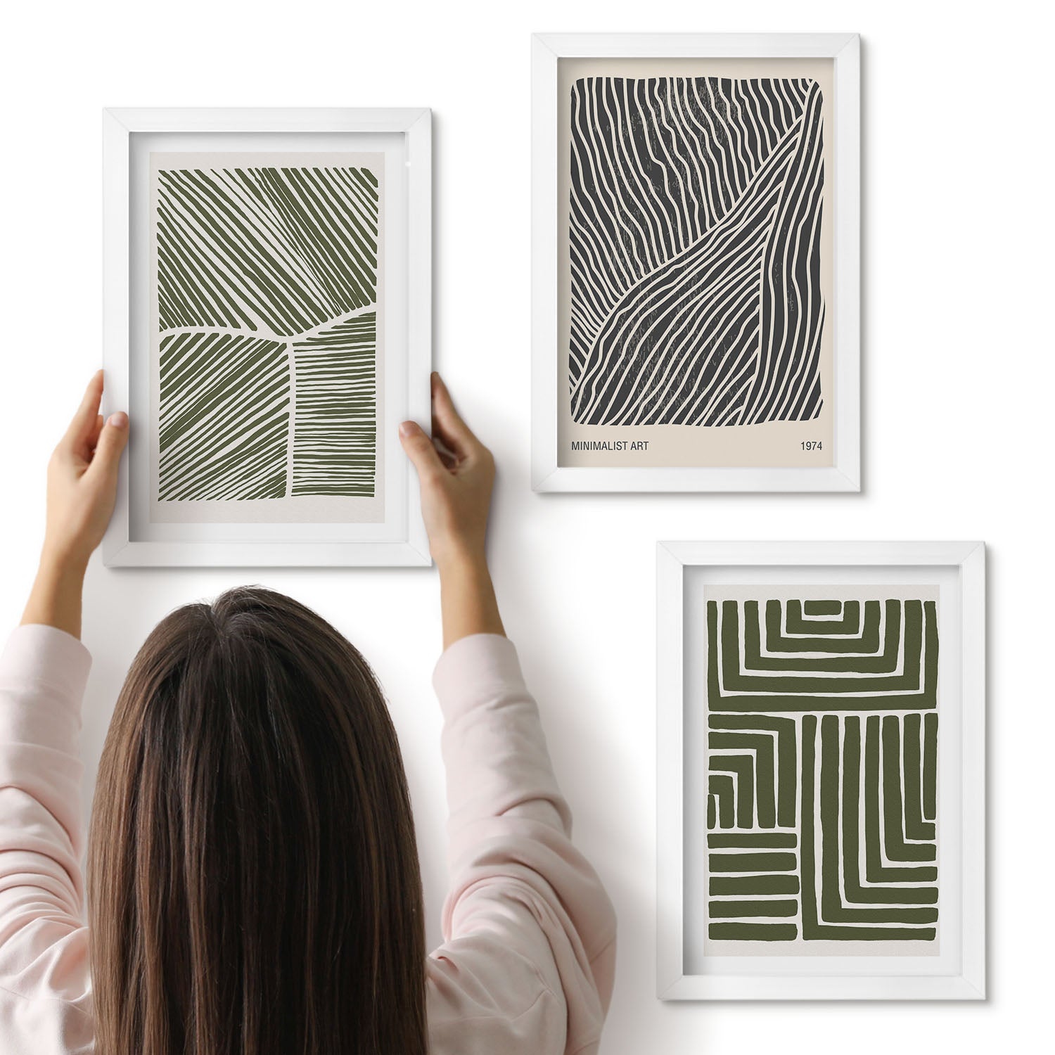 Galeria ścienna 3-częściowy komplet obrazów w białych ramach - Wzory linii i kształtów w odcieniach zieleni - ArtPrintCave