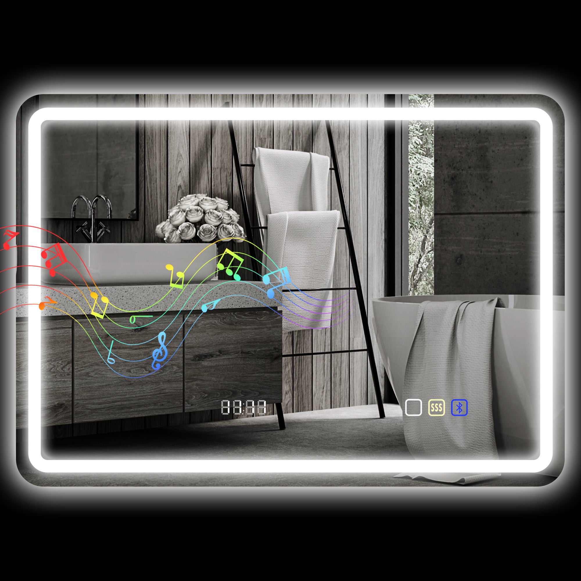 Lustro 70x50 cm z diodami LED, Bluetooth, 3 kolory, zegar