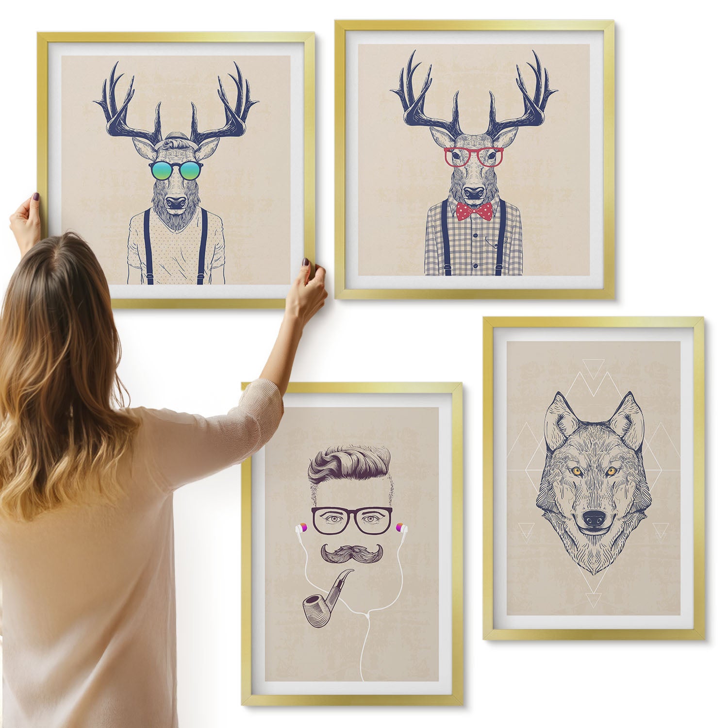 Galeria ścienna 4-częściowy komplet obrazów w złotych ramach - Stylowe portrety zwierząt i mężczyzny - ArtPrintCave