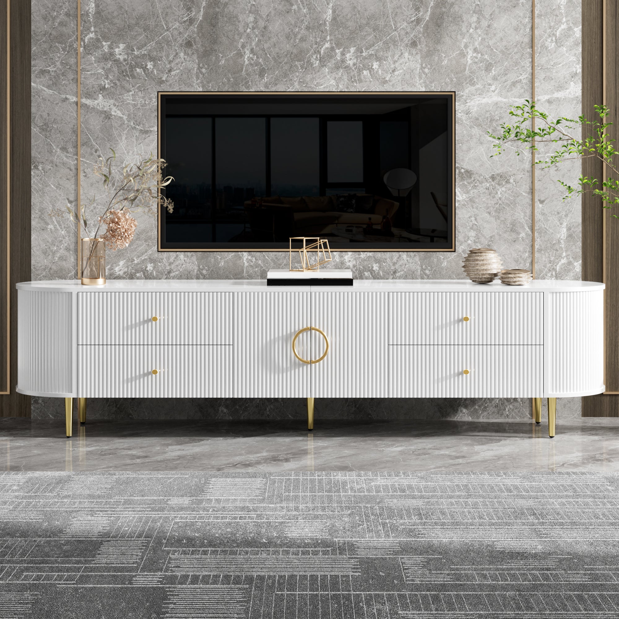 Stolik pod TV z 4 szufladami i 2 drzwiami - 180 x 40 x 38 cm - Płyta MDF - Szuflady boczne i organizer kabli - Nogi żelazne - Biały