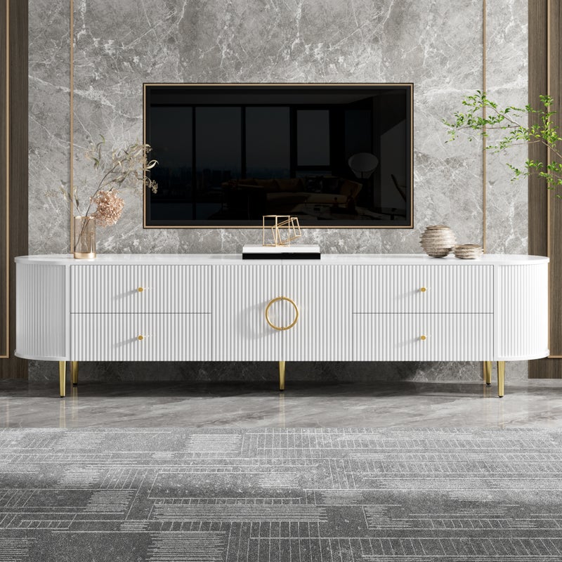Stolik pod TV z 4 szufladami i 2 drzwiami - 180 x 40 x 38 cm - Płyta MDF - Szuflady boczne i organizer kabli - Nogi żelazne - Biały