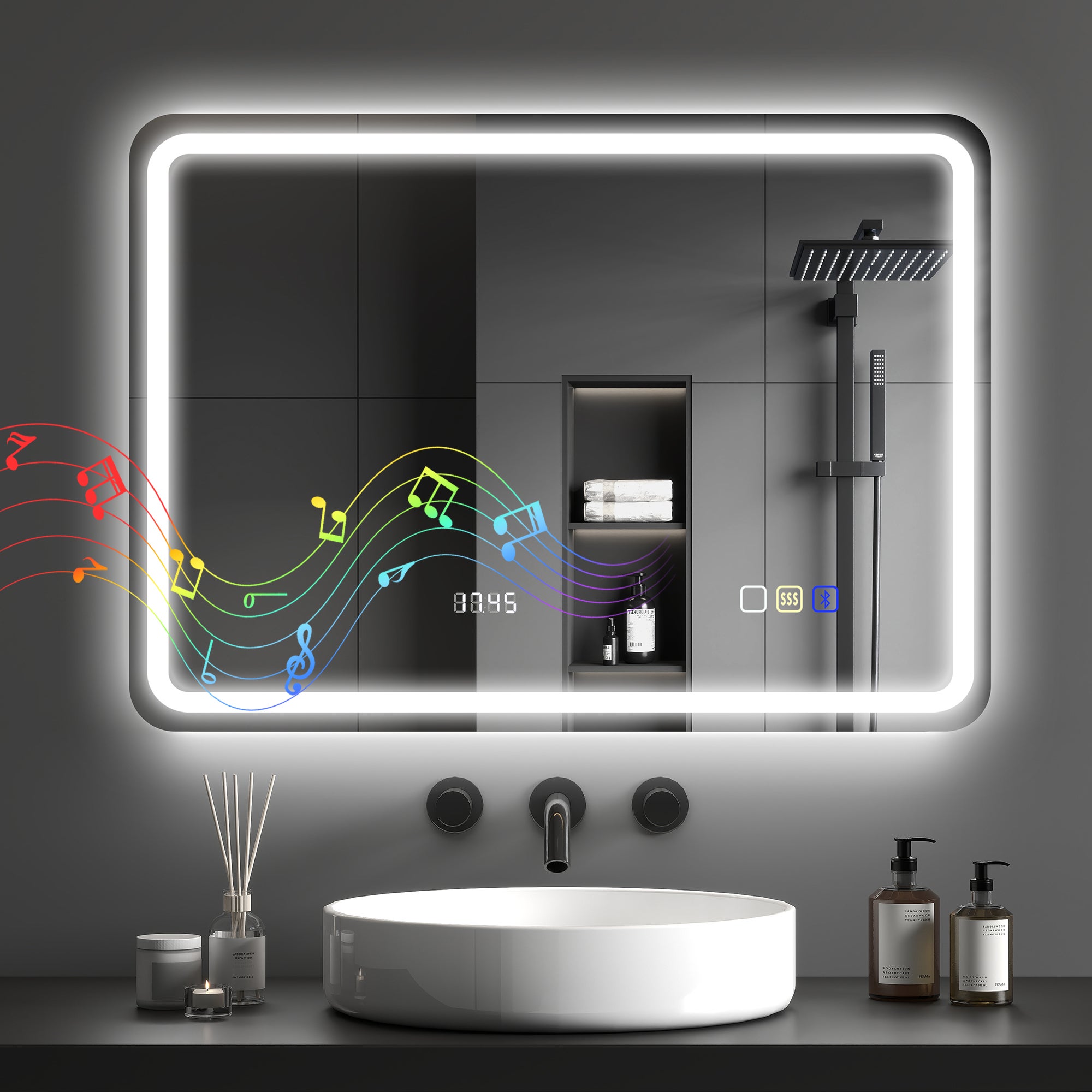 Lustro łazienkowe Bluetooth z oświetleniem LED, 50 x 70 cm, podświetlane lustro ścienne z zegarem, przeciwmgielne, srebrne