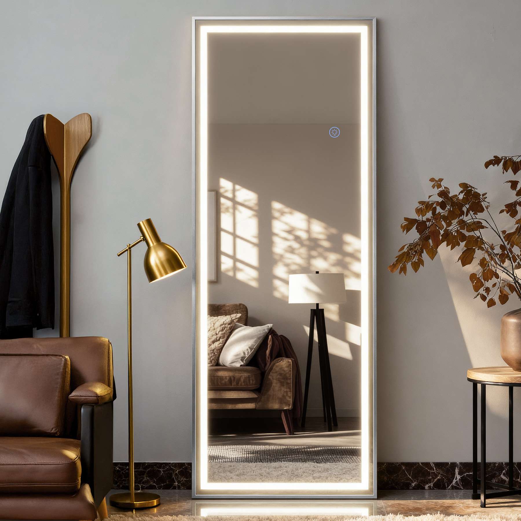 Miroir intelligent avec lumière LED 160×50 cm, miroir argent HD, 3 couleurs réglables, touche tactile pour maquillage et dressing