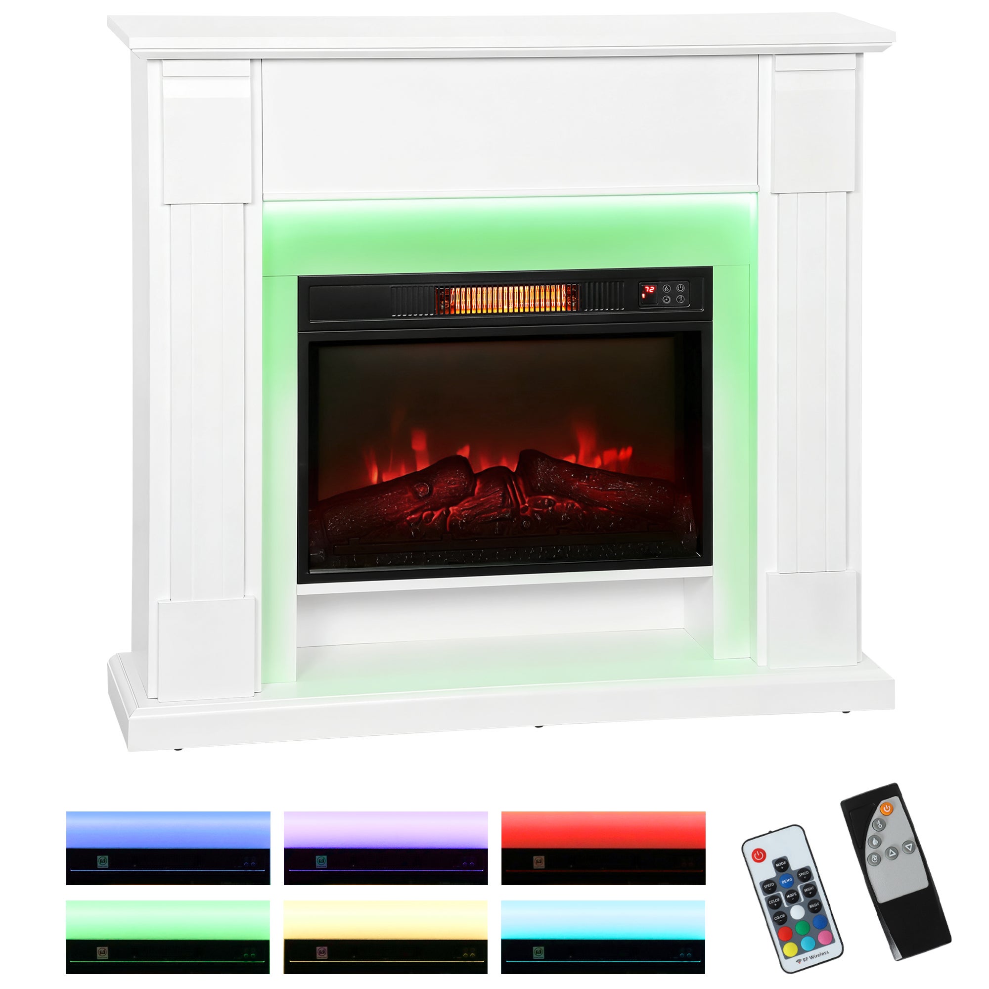 Wbudowany kominek elektryczny z efektem płomienia 3D, taśma świetlna LED RGB, 1800 W, timer, termostat, kolor biały