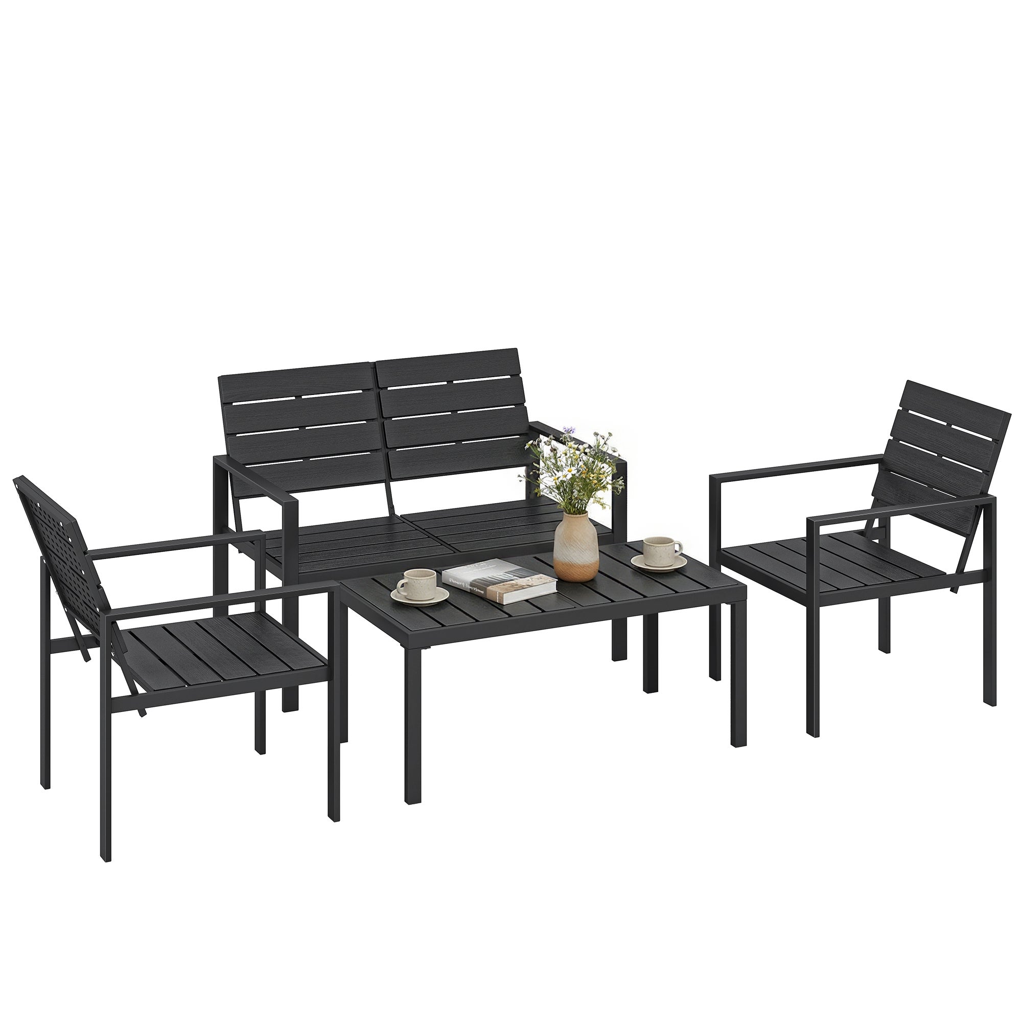 Ogród meble zestaw siedzenie Group do 4 osoby ogród Lounge z 2-osobowa sofa, 2 Armchairs, stolik boczny, Slatted Design czarny