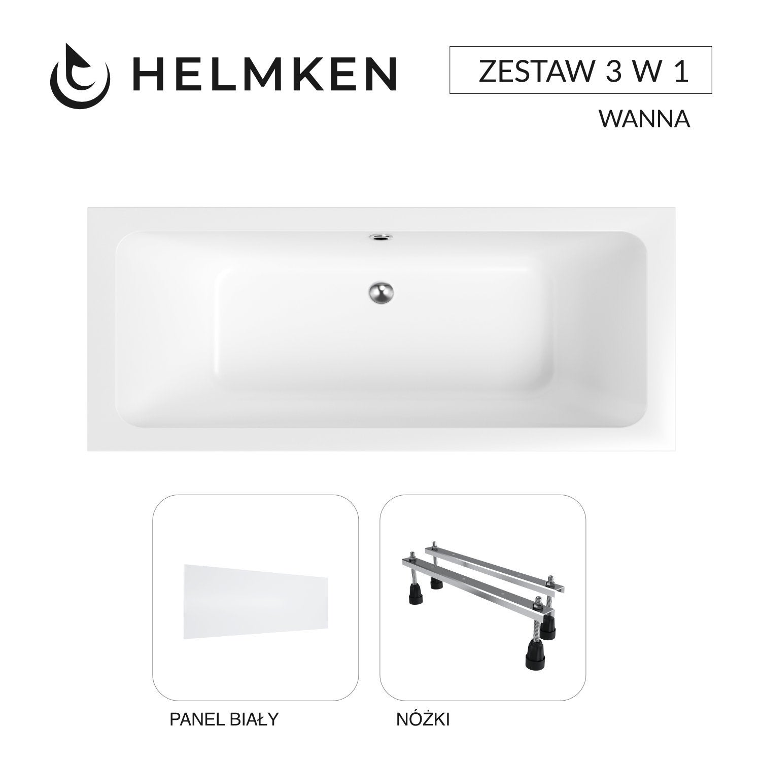Wanna akrylowa Helmken Olympia 170x75 z akrylu lanego ze wzmocnionym korpusem z odpływem środkowym + Panel biały + Nóżki / 35100075
